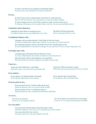 It seems to me that you are studying an interesting subject.
Me parece que estás estudiando una materia interesante.
For me...
It's fine for me to have a drink because I don't have to work tomorrow.
Para mí está bien tomarnos una copa porque no tengo que trabajar mañana.
It's quite strange for me to not be able to smoke in a pub. I am not used to it yet.
Es bastante extraño para mí el no poder fumar en un bar. No estoy acostumbrado todavía.
I (definitely) (don't) think/feel...
I definitively don't think we should go by car.
Yo definitivamente no creo que deberíamos ir en carro.
She didn't feel like going home.
Ella no tenía ganas de irse a casa.
I (completely) disagree with...
I disagree with you about abortion. I don't think it's the only choice.
Yo estoy en desacuerdo contigo sobre el aborto. No creo que sea la única elección.
He completely disagrees with me. He thinks New York is the best place to live.
Él está completamente en desacuerdo conmigo. Él cree que Nueva York es el mejor lugar para vivir.
I (strongly) agree with...
I strongly agree with Sarah about her decision to leave.
Yo estoy completamente de acuerdo con Sarah en su decisión de irse.
My sister agrees with me about getting a new apartment.
Mi hermana está de acuerdo conmigo en conseguir un nuevo piso.
I must say...
I must say I don't think this is a good idea.
Debo decir que no creo que esto sea una buena idea.
I must say I think your point is wrong.
Debo decir que creo que tu punto de vista es erróneo.
In my opinion…
In my opinion, we should go back to the hotel.
En mi opinión, deberíamos volver al hotel.
In my opinion, they are good guys.
En mi opinión, ellos son buenos tipos.
From my point of view...
From my point of view, it doesn't make much sense.
Desde mi punto de vista, eso no tiene mucho sentido.
From my point of view, we should just enjoy it.
Desde mi punto de vista, simplemente deberíamos disfrutarlo.
As I see it...
As I see it, we can do it.
Como yo lo veo, podemos hacerlo.
As I see it, there is no reason for you to get angry.
Como yo lo veo, no hay razón para que te enfades.
I see your point...
I see your point, but that doesn't mean that I agree with it.
Entiendo tu punto de vista, pero eso no significa que esté de acuerdo.
I see your point, but I also see hers.
Entiendo tu punto de vista, pero también el de ella.
 