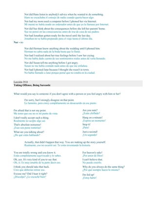 Not did Hans listen to anybody's advice when he wanted to do something.
Hans no escuchaba el consejo de nadie cuando quería hacer algo.
Not had my mom used a computer before I phoned her via Internet.
Mi mamá no había usado un ordenador antes de que yo la llamase por Internet.
Not did Sue think about the consequences before she left her parents' home.
Sue no pensó en las consecuencias antes de irse de casa de sus padres.
Not had Jonathan gotten ready for the travel until the last day.
Jonathan no se había preparado para el viaje hasta el último día.
Nor - no
Nor did Herman know anything about the wedding until I phoned him.
Herman no sabía nada de la boda hasta que lo llamé.
Nor had I realized about her true feelings before I saw her crying.
No me había dado cuenta de sus sentimientos reales antes de verla llorando.
Nor did Susan tell me anything before I got angry.
Susan no me había contado nada antes de que me enfadase.
Nor had I phoned Jane because I thought she wasn't in town.
No había llamado a Jane porque pensé que no estaba en la ciudad.
Lección 35.8
Taking Offence, Being Sarcastic
What would you say to someone if you don't agree with a person or you feel angry with him or her?
I'm sorry, but I strongly disagree on that point.
Lo lamento, pero estoy completamente en desacuerdo en ese punto.
I'm afraid that is not my point.
Me temo que ese no es mi punto de vista.
I don't really accept such a thing.
Realmente no acepto algo así.
That's absolute nonsense!
¡Esas son puras tonterías!
What are you talking about?
¿De qué estás hablando?
Are you nuts?
¿Estás chiflado?
Hang on a minute!
¡Espera un momento!
Stop it!
¡Para!
Just a second!
¡Un segundo!
Actually, that didn't happen that way. You are making up the story yourself.
Realmente, eso no ocurrió así. Te estás inventando la historia.
You are totally wrong and you know it.
Estás completamente equivocado y lo sabes.
Oh, yes. It's very kind of you to say that.
Oh, sí. Es muy amable de tu parte decir eso.
I think you should take that back.
Creo que deberías retirar eso.
Excuse me? Did I hear it right?
¿Disculpa? ¿Lo escuché bien?
For heaven's sake!
¡Por amor de Dios!
I can't believe that.
No puedo creerlo.
Why do you always do the same thing?
¿Por qué siempre haces lo mismo?
I'm fed up!
¡Estoy harto!
 