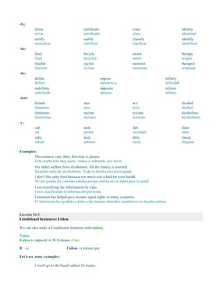 -fy:
terror
terror
terrify
aterrorizar
certificate
certificado
certify
certificar
class
clase
classify
clasificar
identity
identidad
identify
identificar
-ist:
final
final
finalist
finalista
bicycle
bicicleta
cyclist
ciclista
motor
motor
motorist
motorista
therapy
terapia
therapist
terapeuta
-ite:
define
definir
indefinite
indefinido
oppose
oponerse a
opposite
opuesto
infinity
infinidad
infinite
infinito
-ism:
female
femenino
feminism
feminismo
race
raza
racism
racismo
sex
sexo
sexism
sexismo
alcohol
alcohol
alcoholism
alcoholismo
-y:
salt
sal
salty
salado
taste
probar
tasty
sabroso
dirt
suciedad
dirty
sucio
class
clase
classy
elegante
Examples:
This room is very dirty, let's tidy it, please.
Este cuarto está muy sucio, vamos a ordenarlo, por favor.
His father suffers from alcoholism. All the family is worried.
Su padre sufre de alcoholismo. Toda la familia está preocupada.
I don't like salty food because too much salt is bad for your health.
No me gustan las comidas saladas porque mucha sal es maña para tu salud.
I am classifying the information by topic.
Estoy clasificando la información por tema.
Feminism has helped give women equal rights in many countries.
El feminismo ha ayudado a darle a las mujeres derechos equitativos en muchos países.
Lección 36.9
Conditional Sentences: Unless
We can also make a Conditional Sentence with unless.
Notice
Unless is opposite to If. It means if not.
If – si Unless - a menos que
Let's see some examples:
I won't go to the beach unless it's sunny.
 