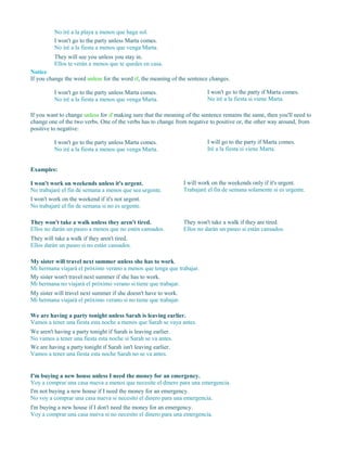 No iré a la playa a menos que haga sol.
I won't go to the party unless Marta comes.
No iré a la fiesta a menos que venga Marta.
They will see you unless you stay in.
Ellos te verán a menos que te quedes en casa.
Notice
If you change the word unless for the word if, the meaning of the sentence changes.
I won't go to the party unless Marta comes.
No iré a la fiesta a menos que venga Marta.
I won't go to the party if Marta comes.
No iré a la fiesta si viene Marta.
If you want to change unless for if making sure that the meaning of the sentence remains the same, then you'll need to
change one of the two verbs. One of the verbs has to change from negative to positive or, the other way around, from
positive to negative:
I won't go to the party unless Marta comes.
No iré a la fiesta a menos que venga Marta.
I will go to the party if Marta comes.
Iré a la fiesta si viene Marta.
Examples:
I won't work on weekends unless it's urgent.
No trabajaré el fin de semana a menos que sea urgente.
I will work on the weekends only if it's urgent.
Trabajaré el fin de semana solamente si es urgente.
I won't work on the weekend if it's not urgent.
No trabajaré el fin de semana si no es urgente.
They won't take a walk unless they aren't tired.
Ellos no darán un paseo a menos que no estén cansados.
They won't take a walk if they are tired.
Ellos no darán un paseo si están cansados.
They will take a walk if they aren't tired.
Ellos darán un paseo si no están cansados.
My sister will travel next summer unless she has to work.
Mi hermana viajará el próximo verano a menos que tenga que trabajar.
My sister won't travel next summer if she has to work.
Mi hermana no viajará el próximo verano si tiene que trabajar.
My sister will travel next summer if she doesn't have to work.
Mi hermana viajará el próximo verano si no tiene que trabajar.
We are having a party tonight unless Sarah is leaving earlier.
Vamos a tener una fiesta esta noche a menos que Sarah se vaya antes.
We aren't having a party tonight if Sarah is leaving earlier.
No vamos a tener una fiesta esta noche si Sarah se va antes.
We are having a party tonight if Sarah isn't leaving earlier.
Vamos a tener una fiesta esta noche Sarah no se va antes.
I'm buying a new house unless I need the money for an emergency.
Voy a comprar una casa nueva a menos que necesite el dinero para una emergencia.
I'm not buying a new house if I need the money for an emergency.
No voy a comprar una casa nueva si necesito el dinero para una emergencia.
I'm buying a new house if I don't need the money for an emergency.
Voy a comprar una casa nueva si no necesito el dinero para una emergencia.
 
