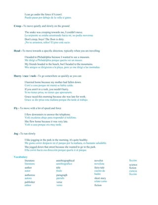 I can go under the fence if I crawl.
Puedo pasar por debajo de la valla si gateo.
Creep - To move quietly and slowly on the ground
The snake was creeping towards me, I couldn't move.
La serpiente se estaba arrastrando hacia mí, no podía moverme.
Don't creep, boys! The floor is dirty.
¡No se arrastren, niños! El piso está sucio.
Head - To move towards a specific direction, typically when you are travelling
I headed to Philadelphia because I wanted to see a museum.
Me dirigí a Philadelphia porque quería ver un museo.
My friends headed to the beach, but I headed to the mountains.
Mis amigos se dirigieron a la playa, pero yo me dirigí a las montañas.
Hurry / race / rush - To go somewhere as quickly as you can
I hurried home because my mother had fallen down.
Corrí a casa porque mi mamá se había caído.
If you aren't in a rush, you needn't hurry.
Si no tienes prisa, no tienes que apresurarte.
Grace raced this morning because she was late for work.
Grace se dio prisa esta mañana porque iba tarde al trabajo.
Fly - To move with a lot of speed and force
I flew downstairs to answer the telephone.
Volé escaleras abajo para responder el teléfono.
She flew home because it was very late.
Voló a casa porque era muy tarde.
Jog - To run slowly
I like jogging in the park in the morning, it's quite healthy.
Me gusta correr despacio en el parque por la mañana, es bastante saludable.
She jogged down that street because she wanted to go to the park.
Ella corrió hacia esa dirección porque quería ir al parque.
Vocabulary
literature
literatura
author
autor
authoress
autora
publisher
editor
autobiographical
autobiográfico
title
título
paragraph
párrafo
verse
verso
novelist
novelista
fairy-tale
cuento de
hadas
short story
relato corto
fiction
ficción
science
fiction
ciencia
ficción
 