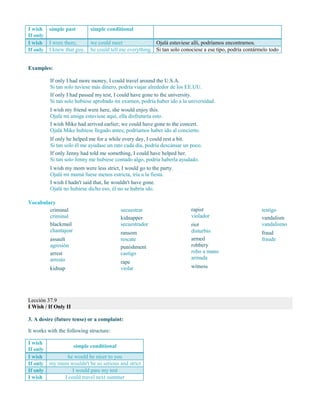 I wish
If only
simple past simple conditional
I wish I were there, we could meet Ojalá estuviese allí, podríamos encontrarnos.
If only I knew that guy, he could tell me everything Si tan solo conociese a ese tipo, podría contármelo todo
Examples:
If only I had more money, I could travel around the U.S.A.
Si tan solo tuviese más dinero, podría viajar alrededor de los EE.UU.
If only I had passed my test, I could have gone to the university.
Si tan solo hubiese aprobado mi examen, podría haber ido a la universidad.
I wish my friend were here, she would enjoy this.
Ojalá mi amiga estuviese aquí, ella disfrutaría esto.
I wish Mike had arrived earlier; we could have gone to the concert.
Ojalá Mike hubiese llegado antes; podríamos haber ido al concierto.
If only he helped me for a while every day, I could rest a bit.
Si tan solo él me ayudase un rato cada día, podría descansar un poco.
If only Jenny had told me something, I could have helped her.
Si tan solo Jenny me hubiese contado algo, podría haberla ayudado.
I wish my mom were less strict, I would go to the party.
Ojalá mi mamá fuese menos estricta, iría a la fiesta.
I wish I hadn't said that, he wouldn't have gone.
Ojalá no hubiese dicho eso, él no se habría ido.
Vocabulary
criminal
criminal
blackmail
chantajear
assault
agresión
arrest
arresto
kidnap
secuestrar
kidnapper
secuestrador
ransom
rescate
punishment
castigo
rape
violar
rapist
violador
riot
disturbio
armed
robbery
robo a mano
armada
witness
testigo
vandalism
vandalismo
fraud
fraude
Lección 37.9
I Wish / If Only II
3. A desire (future tense) or a complaint:
It works with the following structure:
I wish
If only
simple conditional
I wish he would be nicer to you
If only my mum wouldn't be so serious and strict
If only I would pass my test
I wish I could travel next summer
 