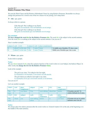 Lección 38.7
Relative Pronouns: Who, Whom
We join the Main Clause and the Relative Subordinate Clause by using Relative Pronouns. Remember we always
change this pronoun for a word in one of the two clauses we are joining. Let's study them:
 who - que, quien
It always refers to a person.
I like that girl. She is talking to my friend.
Me gusta esa muchacha. Ella está hablando con mi amigo.
I like that girl who is talking to my friend.
Me gusta esa muchacha que está hablando con mi amigo.
Pay attention
We have changed the word she for the Relative Pronoun who. The word she is the subject in the second sentence.
Now the word who is working as the subject in the second sentence. Can you see it?
Here is another example:
subject verb I.O. subject verb place complement
I talked to the man. He came home Yo hablé con el hombre. Él vino a casa.
I talked to the man who came home Hablé con el hombre que vino a casa
 Whom - que, quien
It also refers to people.
Notice
We use whom instead of who when the syntactic function of the word it refers to is not Subject, but Indirect Object. In
other words, we change the I.O. for the Relative Pronoun whom.
Look at the example:
The girl is my sister. You talked to her last night.
La muchacha es mi hermana. Conversaste con ella anoche.
The girl whom you talked to last night is my sister.
La muchacha con la que conversaste anoche es mi hermana.
Can you see it?
Let's see another example:
subject verb place
complement
subject verb I.O. time
complement
The
man
is over there. You were talking about him before El hombre está allí. Tú
estabas hablando de él antes.
subject I.O. subject verb time
complement
verb place
complement
The
man
whom you were talking
about
before is over here El hombre del que tú estabas
hablando antes está allí
Notice
We always place the relative pronoun after the word it refers to. It doesn't matter if it's at the end, at the beginning or in
the middle of the main sentence.
 