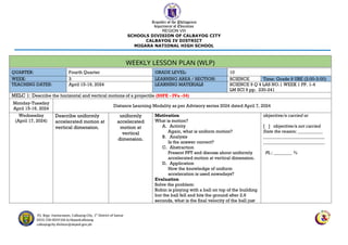 Comprehensive Weekly Lesson Plan on Projectile Motion and Uniformly ...