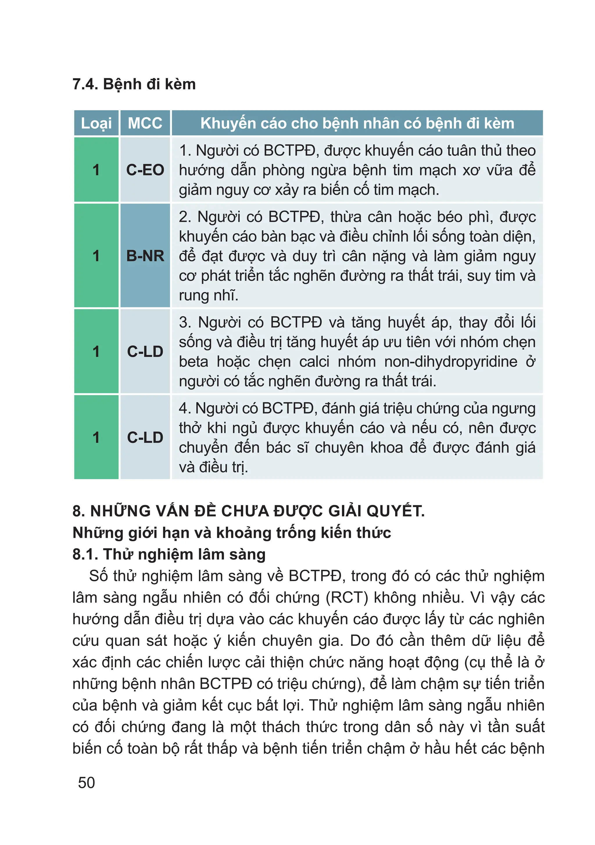 50
7.4. Bệnh đi kèm
Loại MCC Khuyến cáo cho bệnh nhân có bệnh đi kèm
1 C-EO
1. Người có BCTPĐ, được khuyến cáo tuân thủ theo
hướng dẫn phòng ngừa bệnh tim mạch xơ vữa để
giảm nguy cơ xảy ra biến cố tim mạch.
1 B-NR
2. Người có BCTPĐ, thừa cân hoặc béo phì, được
khuyến cáo bàn bạc và điều chỉnh lối sống toàn diện,
để đạt được và duy trì cân nặng và làm giảm nguy
cơ phát triển tắc nghẽn đường ra thất trái, suy tim và
rung nhĩ.
1 C-LD
3. Người có BCTPĐ và tăng huyết áp, thay đổi lối
sống và điều trị tăng huyết áp ưu tiên với nhóm chẹn
beta hoặc chẹn calci nhóm non-dihydropyridine ở
người có tắc nghẽn đường ra thất trái.
1 C-LD
4. Người có BCTPĐ, đánh giá triệu chứng của ngưng
thở khi ngủ được khuyến cáo và nếu có, nên được
chuyển đến bác sĩ chuyên khoa để được đánh giá
và điều trị.
8. NHỮNG VẤN ĐỀ CHƯA ĐƯỢC GIẢI QUYẾT.
Những giới hạn và khoảng trống kiến thức
8.1. Thử nghiệm lâm sàng
Số thử nghiệm lâm sàng về BCTPĐ, trong đó có các thử nghiệm
lâm sàng ngẫu nhiên có đối chứng (RCT) không nhiều. Vì vậy các
hướng dẫn điều trị dựa vào các khuyến cáo được lấy từ các nghiên
cứu quan sát hoặc ý kiến ​​chuyên gia. Do đó cần thêm dữ liệu để
xác định các chiến lược cải thiện chức năng hoạt động (cụ thể là ở
những bệnh nhân BCTPĐ có triệu chứng), để làm chậm sự tiến triển
của bệnh và giảm kết cục bất lợi. Thử nghiệm lâm sàng ngẫu nhiên
có đối chứng đang là một thách thức trong dân số này vì tần suất
biến cố toàn bộ rất thấp và bệnh tiến triển chậm ở hầu hết các bệnh
 