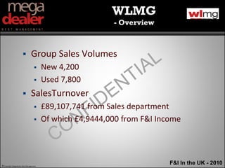 WLMG
                                                           - Overview



                               Group Sales Volumes
                                        New 4,200
                                        Used 7,800
                               SalesTurnover
                                        £89,107,741 from Sales department
                                        Of which £4,9444,000 from F&I Income




© Copyright Megadealer Best Management
                                                                          F&I In the UK - 2010
 