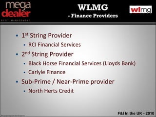 WLMG
                                                         - Finance Providers


                               1st String Provider
                                        RCI Financial Services
                               2nd String Provider
                                        Black Horse Financial Services (Lloyds Bank)
                                        Carlyle Finance
                               Sub-Prime / Near-Prime provider
                                        North Herts Credit


© Copyright Megadealer Best Management
                                                                             F&I In the UK - 2010
 