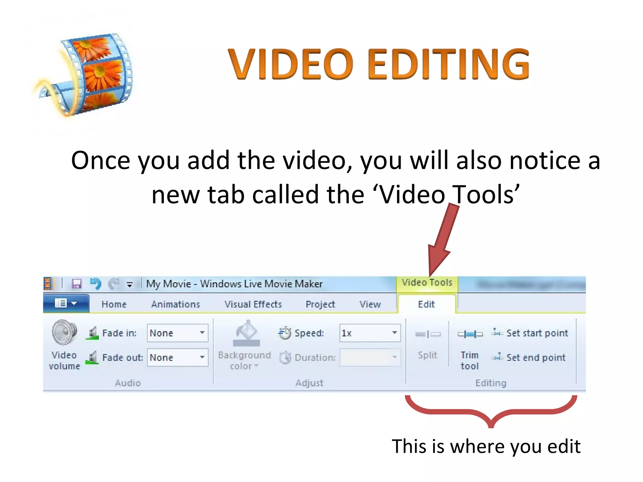Once you add the video, you will also notice a new tab called the ‘Video Tools’ This is where you edit 