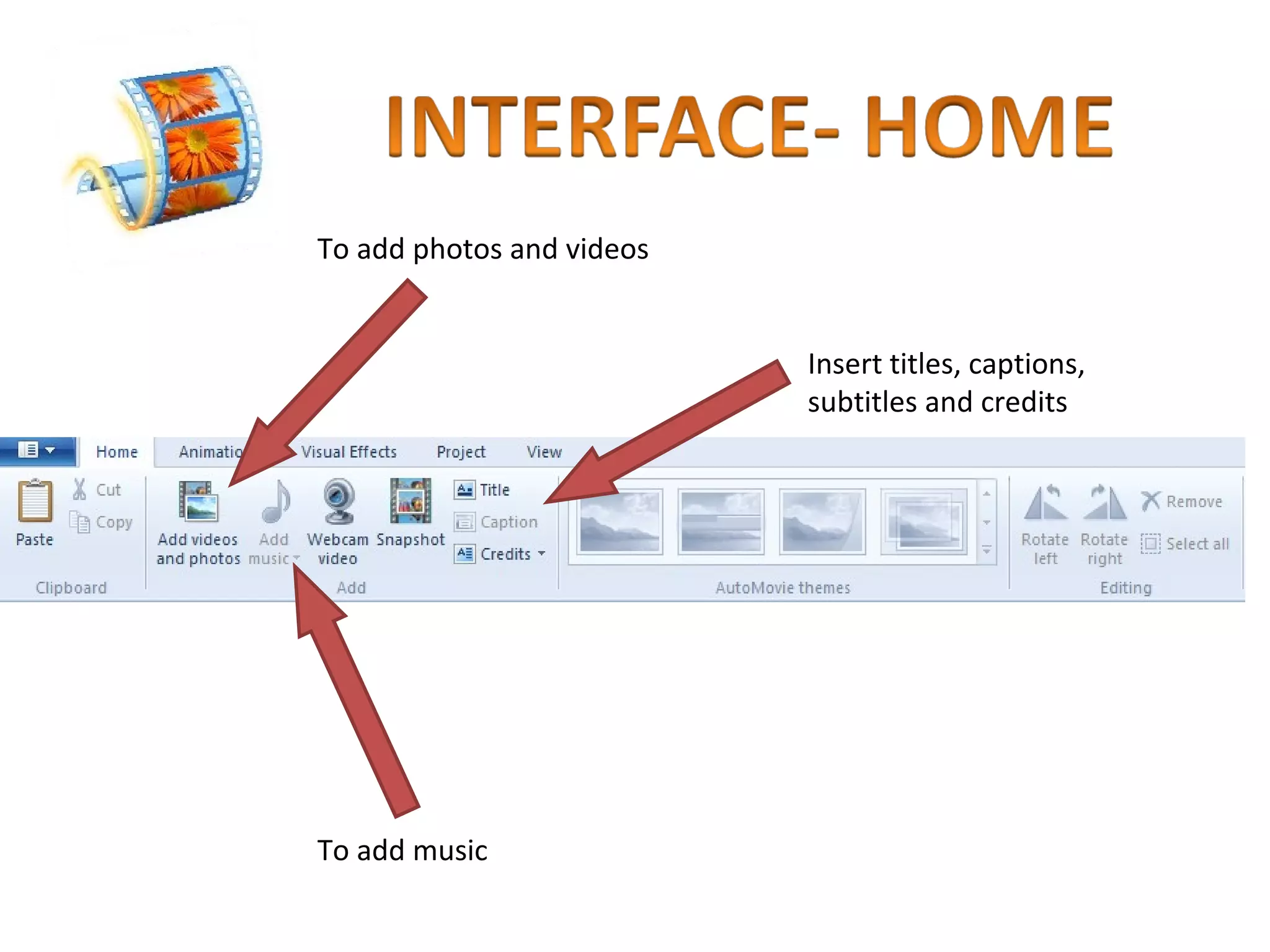 To add photos and videos To add music Insert titles, captions, subtitles and credits 