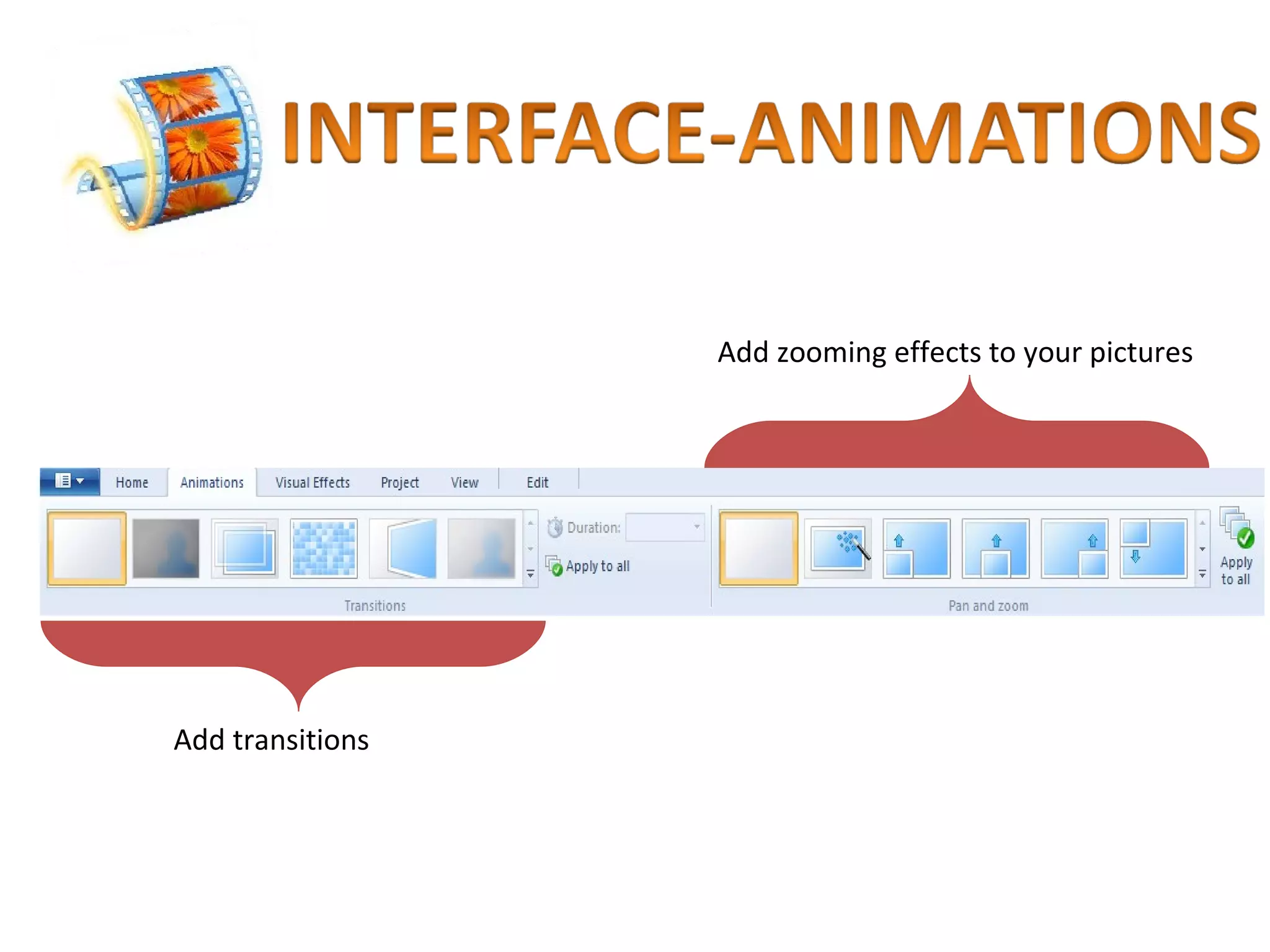 Add zooming effects to your pictures Add transitions 