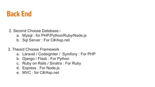 Back End
2. Second Choose Database:-
a. Mysql : for PHP/Python/Ruby/Node.js
b. Sql Server : For C#/Asp.net
3. Theard Choose Framework
a. Laravel / Codeigniter / Symfony : For PHP
b. Django / Flask : For Python
c. Ruby on Rails / Sinatra : For Ruby
d. Express : For Node.js
e. MVC : for C#/Asp.net
 
