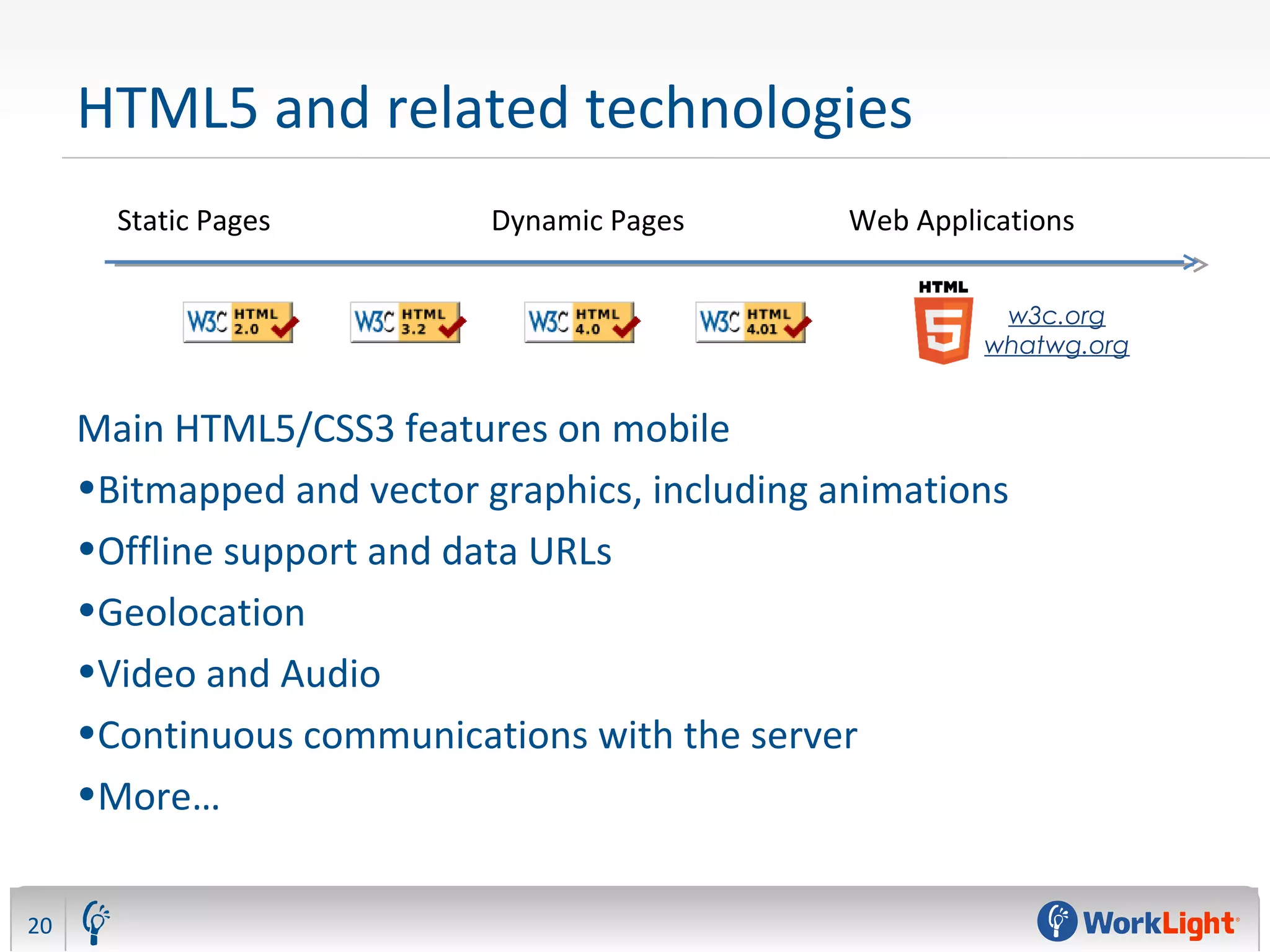HTML5 and related technologies
20
Static Pages Dynamic Pages Web Applications
w3c.org
whatwg.org
Main HTML5/CSS3 features on mobile
•Bitmapped and vector graphics, including animations
•Offline support and data URLs
•Geolocation
•Video and Audio
•Continuous communications with the server
•More…
 