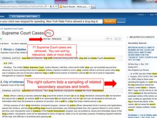 71 Supreme Court cases are
retrieved. You can sort by
relevance, date or most cited.
The right column lists a sampling of related
secondary sources and briefs.
 