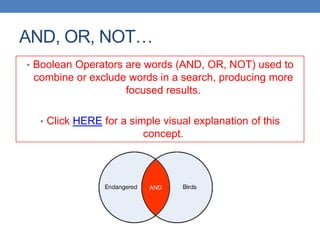 AND, OR, NOT…
• Boolean Operators are words (AND, OR, NOT) used to
combine or exclude words in a search, producing more
focused results.
• Click HERE for a simple visual explanation of this
concept.
 