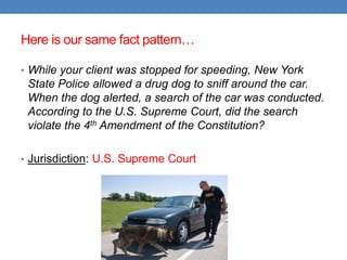 Here is our same fact pattern…
• While your client was stopped for speeding, New York
State Police allowed a drug dog to sniff around the car.
When the dog alerted, a search of the car was conducted.
According to the U.S. Supreme Court, did the search
violate the 4th Amendment of the Constitution?
• Jurisdiction: U.S. Supreme Court
 
