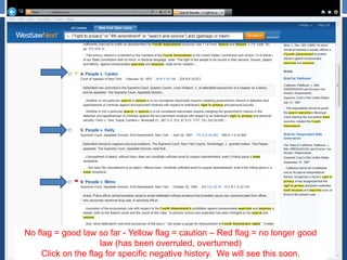 No flag = good law so far - Yellow flag = caution – Red flag = no longer good
law (has been overruled, overturned)
Click on the flag for specific negative history. We will see this soon.
 