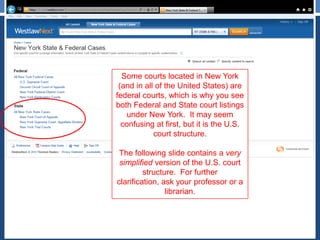 Some courts located in New York
(and in all of the United States) are
federal courts, which is why you see
both Federal and State court listings
under New York. It may seem
confusing at first, but it is the U.S.
court structure.
The following slide contains a very
simplified version of the U.S. court
structure. For further
clarification, ask your professor or a
librarian.
 