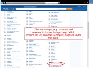 Click on the topic, e.g., searches and
seizures, to display the topic page, which
contains the key numbers (subtopics) classified under
that topic.
 