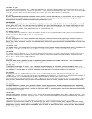 124) MÚMIA EM AÇÃO
Um participante vai jogando a bola para o outro e ninguém pode deixar a bola cair. Quando uma pessoa deixa a bola cair pela primeira vez, ela fica “doente”. Se
deixar cair uma segunda vez, ela “morre”. Na terceira vez, a pessoa “vira a múmia”. Quem vira múmia tem que pegar a bola e tentar acertar algum participante. Se
ela acertar, o participante que foi queimado sai da brincadeira. Se errar, quem sai é a múmia. Quem ficar por último ganha o jogo.
125) 7 COCOS
As crianças se dividem em dois times e traçam uma linha no chão para demarcar o campo de cada um. Na linha que divide os campos, todos vão jogar sete cocos
desarrumados. Depois, cada jogador tem que ir correndo arrumar os cocos e voltar para seu campo antes que alguém do outro time consiga “queimá-lo”,
arremessando uma bola. Ganha o time que mais queimar pessoas e conseguir juntar os cocos.
126) ESPIRROBOL
Duas duplas têm que jogar. Cada uma delas é um time. Primeiro, os participantes colocam uma bola de vôlei dentro de um saco de rede, que deve ser amarrado
na ponta de uma corda grande. A outra ponta da corda tem que ser presa na parte de cima de um poste. Para jogar, cada time deve se posicionar de um lado e
bater na bola com uma das mãos, para que a corda vá se enrolando no poste. Os participantes devem se defender e fazer com que a corda enrole para o outro
lado. Ganha a equipe que conseguir enrolar toda a corda no poste, até a bola não se mexer mais.
127) ESCONDE MONSTRO
Uma pessoa é escolhida para ser o monstro e vai para um esconderijo. Enquanto isso, os outros vão se esconder. Quando o monstro sai do esconderijo, tem que
procurar os participantes. Quem for pego três vezes vira o próximo monstro.
128) QUARTEIRÃO
As crianças se reúnem em um lugar e colocam uma bandeira nele. Depois, todos se dividem em quatro grupos de quatro. A turma toda tem que escolher em
quantos quarteirões do bairro a brincadeira vai acontecer. Depois disso, três grupos se escondem em um quarteirão dos escolhidos e o quarto grupo vai procurar.
Ninguém pode se separar do seu grupo. Cada grupo tem que tentar atravessar todo o território da brincadeira e chegar até a bandeira sem ser encontrado. Quem
conseguir ganha.
129) ESCONDE-AJUDA
Uma pessoa se esconde e todas as outras contam até 20. Depois, todos tentam encontrar a pessoa escondida. Quem encontrar essa pessoa se esconde junto a ela.
Quem achar as duas, também se esconde no mesmo lugar. O último a encontrar o esconderijo será o primeiro a se esconder na próxima rodada.
130) CACIQUE
Uma pessoa se esconde em algum lugar. Ela é o índio. Os outros participantes ficam sentados em um círculo. Uma das pessoas do círculo é escolhida para ser o
cacique e fazer movimentos que os outros devem repetir. O cacique deve mudar os movimentos e o índio, chamado de volta à roda, tem três chances para
adivinhar quem é o cacique. Se ele errar, paga uma prenda.
131) NUNCA 3
Várias duplas sentam no chão e uma pessoa fica de pé. Ela tem que sair correndo e sentar atrás ou na frente de qualquer dupla. A dupla tem que se levantar e
correr para buscar outro lugar. A brincadeira só termina quando as crianças se cansam.
132) PISCA-PISCA
Os participantes ficam em duplas, um sentado e o outro atrás vigiando para que o seu parceiro não seja roubado. Uma pessoa tem que ficar sozinha. Em um
momento da brincadeira, ela tem que piscar para a pessoa que estiver sentada em uma das duplas. A pessoa sentada, quando percebe a piscadela, tem que tentar
fugir da dupla para se juntar ao jogador que piscou, mas se o guardião perceber pode segurá-lo colocando as mãos por cima dos seus ombros.
133) BULDOGUE
A turma estipula quem será o pegador e os locais que serão os piques, e os participantes ficam parados ali. O pegador fica no meio do grupo e grita:
“Buldogue!” Esse é o sinal para que todos os participantes saiam de um pique e tentem alcançar outro. A primeira pessoa que for pega vira o próximo pegador. A
partir desse pegador, todos que forem pegos formam uma família (reúnem-se em grupo), ajudando a pegar os outros fugitivos.
Quando sobrarem apenas três participantes, quem não for pego e chegar ao pique ganha uma vida. Quando tentar correr novamente, todos perguntam: “Gasta a
vida ou não gasta?” Se ela responder “gasto”, ela continua no pique e tenta passar de novo. Se conseguir, ganha mais uma vida. Ela pode acumular no máximo
cinco vidas.
134) CAMALEÃO
O grupo escolhe quem será o camaleão, que é o pegador da brincadeira. Os outros participantes são os fugitivos. O camaleão escolhe uma cor, que é revelada
para o grupo. Essa será a cor do pique (área de descanso, onde ninguém pode ser pego). Por exemplo: se ele escolher azul, todos correm para encontrar um lugar
ou um objeto que tenha essa cor para se salvar. O camaleão não poderá pegar aqueles que tocarem em algo azul. Se ele conseguir pegar alguém, o fugitivo vira o
camaleão. E o camaleão vira fugitivo.
135) PEGA PAGA
O grupo escolhe um pegador. As crianças se espalham e correm, tentando fugir do pegador. Quando o pegador captura alguém, essa pessoa fica parada. E ela só
será salva se alguém encostar na sua orelha. Se o pegador apanhar a mesma pessoa novamente, ela tem que pagar um mico (castigo determinado pelo pegador).
136) MARCO POLO
Essa brincadeira é feita no rio ou na piscina. Os participantes definem quem será o pegador, e todas as crianças devem estar dentro da água.
O pegador gira com os olhos fechados contando até dez. Quando termina, grita: “Marco!”. Os outros respondem: “Polo!”. O pegador, ainda de olhos fechados,
tenta adivinhar onde estão os outros participantes e tentar pegar um deles. O participante que for pego tem que dizer: “Miau”. O pegador, então, tenta adivinhar
quem ele pegou. Se adivinhar, quem foi pego vira o novo pegador. Se uma das pessoas sair da água, os outros gritam: “Peixinho fora d'água” -e essa pessoa tem
que ficar no lugar do pegador.
 