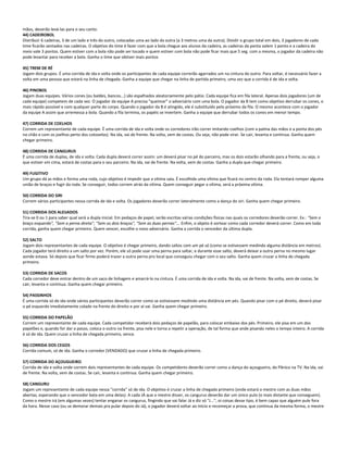 mãos, deverão levá-las para o seu canto.
44) CADEIROBOL
Distribuir 6 cadeiras, 3 de um lado e três do outro, colocadas uma ao lado da outra (a 3 metros uma da outra). Dividir o grupo total em dois, 3 jogadores de cada
time ficarão sentados nas cadeiras. O objetivo do time é fazer com que a bola chegue aos alunos da cadeira, as cadeiras da ponta valem 1 ponto e a cadeira do
meio vale 3 pontos. Quem estiver com a bola não pode ser tocado e quem estiver com bola não pode ficar mais que 5 seg. com a mesma, o jogador da cadeira não
pode levantar para receber a bola. Ganha o time que obtiver mais pontos
45) TREM DE RÉ
Jogam dois grupos. É uma corrida de ida e volta onde os participantes de cada equipe correrão agarrados um na cintura do outro. Para voltar, é necessário fazer a
volta em uma pessoa que estará na linha de chegada. Ganha a equipe que chegar na linha de partida primeiro, uma vez que a corrida é de ida e volta.
46) PINOBOL
Jogam duas equipes. Vários cones (ou baldes, bancos...) são espalhados aleatoriamente pelo pátio. Cada equipe fica em fila lateral. Apenas dois jogadores (um de
cada equipe) competem de cada vez. O jogador da equipe A precisa "queimar" o adversário com uma bola. O jogador da B tem como objetivo derrubar os cones, o
mais rápido possível e com qualquer parte do corpo. Quando o jogador da B é atingido, ele é substituído pelo próximo da fila. O mesmo acontece com o jogador
da equipe A assim que arremessa a bola. Quando a fila termina, os papéis se invertem. Ganha a equipe que derrubar todos os cones em menor tempo.
47) CORRIDA DE COELHOS
Correm um representante de cada equipe. É uma corrida de ida e volta onde os corredores irão correr imitando coelhos (com a palma das mãos e a ponta dos pés
no chão e com os joelhos perto dos cotovelos). Na ida, vai de frente. Na volta, vem de costas. Ou seja, não pode virar. Se cair, levanta e continua. Ganha quem
chegar primeiro.
48) CORRIDA DE CANGURUS
É uma corrida de duplas, de ida e volta. Cada dupla deverá correr assim: um deverá pisar no pé do parceiro, mas os dois estarão olhando para a frente, ou seja, o
que estiver em cima, estará de costas para o seu parceiro. Na ida, vai de frente. Na volta, vem de costas. Ganha a dupla que chegar primeiro.
49) FUGITIVO
Um grupo dá as mãos e forma uma roda, cujo objetivo é impedir que a vítima saia. É escolhida uma vítima que ficará no centro da roda. Ela tentará romper alguma
união de braços e fugir da roda. Se conseguir, todos correm atrás da vítima. Quem conseguir pegar a vítima, será a próxima vítima.
50) CORRIDA DO SIRI
Correm vários participantes nessa corrida de ida e volta. Os jogadores deverão correr lateralmente como a dança do siri. Ganha quem chegar primeiro.
51) CORRIDA DOS ALEIJADOS
Tira-se 0 ou 1 para saber qual será a dupla inicial. Em pedaços de papel, serão escritas várias condições físicas nas quais os corredores deverão correr. Ex.: "Sem o
braço esquerdo", "Sem a perna direta", "Sem os dois braços", "Sem as duas pernas"... Enfim, o objeto é sortear como cada corredor deverá correr. Como em toda
corrida, ganha quem chegar primeiro. Quem vencer, escolhe o novo adversário. Ganha a corrida o vencedor da última dupla.
52) SALTO
Jogam dois representantes de cada equipe. O objetivo é chegar primeiro, dando saltos com um pé só (como se estivessem medindo alguma distância em metros).
Cada jogador terá direito a um salto por vez. Porém, ele só pode usar uma perna para saltar, e durante esse salto, deverá deixar a outra perna no mesmo lugar
aonde estava. Só depois que ficar firme poderá trazer a outra perna pro local que conseguiu chegar com o seu salto. Ganha quem cruzar a linha de chegada
primeiro.
53) CORRIDA DE SACOS
Cada corredor deve entrar dentro de um saco de linhagem e amarrá-lo na cintura. É uma corrida de ida e volta. Na ida, vai de frente. Na volta, vem de costas. Se
cair, levanta e continua. Ganha quem chegar primeiro.
54) PASSINHOS
É uma corrida só de ida onde vários participantes deverão correr como se estivessem medindo uma distância em pés. Quando pisar com o pé direito, deverá pisar
o pé esquerdo imediatamente colado na frente do direito e por aí vai. Ganha quem chegar primeiro.
55) CORRIDA DO PAPELÃO
Correm um representante de cada equipe. Cada competidor receberá dois pedaços de papelão, para colocar embaixo dos pés. Primeiro, ele pisa em um dos
papelões e, quando for dar o passo, coloca o outro na frente, pisa nele e torna a repetir a operação, de tal forma que ande pisando neles o tempo inteiro. A corrida
é só de ida. Quem cruzar a linha de chegada primeiro, vence.
56) CORRIDA DOS CEGOS
Corrida comum, só de ida. Ganha o corredor (VENDADO) que cruzar a linha de chegada primeiro.
57) CORRIDA DO AÇOUGUEIRO
Corrida de ida e volta onde correm dois representantes de cada equipe. Os competidores deverão correr como a dança do açougueiro, do Pânico na TV. Na ida, vai
de frente. Na volta, vem de costas. Se cair, levanta e continua. Ganha quem chegar primeiro.
58) CANGURU
Jogam um representante de cada equipe nessa "corrida" só de ida. O objetivo é cruzar a linha de chegada primeiro (onde estará o mestre com as duas mãos
abertas, esperando que o vencedor bata em uma delas). A cada JÁ que o mestre disser, os cangurus deverão dar um único pulo (o mais distante que conseguem).
Como o mestre irá (em algumas vezes) tentar enganar os cangurus, fingindo que vai falar Já e diz só "J...", oi coisas desse tipo, é bem capaz que alguém pule fora
da hora. Nesse caso (ou se demorar demais pra pular depois do Já), o jogador deverá voltar ao início e recomeçar a prova, que continua da mesma forma, o mestre
 