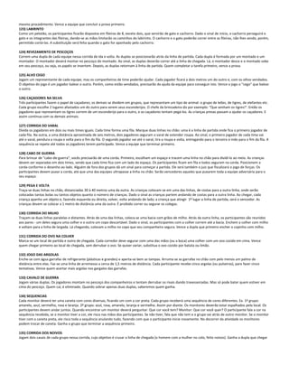 mesmo procedimento. Vence a equipe que concluir a prova primeiro.
123) LABIRINTO
Como um pelotão, os participantes ficarão dispostos em fileiras de 8, exceto dois, que servirão de gato e cachorro. Dado o sinal de início, o cachorro perseguirá o
gato e os integrantes das fileiras, dando-se as mãos limitarão os caminhos do labirinto. O cachorro e o gato poderão correr entre as fileiras, não lhes sendo, porém,
permitido cortá-las. A substituição será feita quando o gato for apanhado pelo cachorro.
124) REVEZAMENTO DE PESCOÇOS
Correm uma dupla de cada equipe nessa corrida de ida e volta. As duplas se posicionarão atrás da linha de partida. Cada dupla é formada por um montado e um
montador. O montador deverá montar no pescoço do montado. Ao sinal, as duplas deverão correr até a linha de chegada. Lá, o montador desce e o montado sobe
em seu pescoço, ou seja, os papéis se invertem. Depois, as duplas retornam à linha de partida. Quem completar a tarefa primeiro, vence a prova.
125) ALVO CEGO
Jogam um representante de cada equipe, mas os companheiros de time poderão ajudar. Cada jogador ficará a dois metros um do outro e, com os olhos vendados.
O objetivo do jogo é um jogador balear o outro. Porém, como estão vendados, precisarão da ajuda da equipe para conseguir isto. Vence o jogo o "cego" que balear
o outro.
126) CAÇADORES NA SELVA
Três participantes fazem o papel de caçadores; os demais se dividem em grupos, que representam um tipo de animal: o grupo de leões, de tigres, de elefantes etc.
Cada grupo escolhe 2 lugares afastados um do outro para serem seus esconderijos. O chefe da brincadeira diz por exemplo: "Que venham os tigres!". Então os
jogadores que representam os tigres correm de um esconderijo para o outro, e os caçadores tentam pegá-los. As crianças presas passam a ajudar os caçadores. E
assim continua com os demais animais.
127) CORRIDA DO VARAL
Divida os jogadores em dois ou mais times iguais. Cada time forma uma fila. Marque duas linhas no chão: uma é a linha de partida onde fica o primeiro jogador de
cada fila. Na outra, a uma distância aproximada de seis metros, dois jogadores seguram o varal de estender roupa. Ao sinal, o primeiro jogador de cada time vai
até o varal, pendura a roupa e volta para o fim da fila. O segundo jogador vai até o varal, tira a roupa e volta, entregando para o terceiro e indo para o fim da fila. A
sequência se repete até todos os jogadores terem participado. Vence a equipe que terminar primeiro.
128) CABO DE GUERRA
Para brincar de "cabo-de-guerra", vocês precisarão de uma corda. Primeiro, escolham um espaço e tracem uma linha no chão para dividi-lo ao meio. As crianças
devem ser separadas em dois times, sendo que cada time fica com um lado do espaço. Os participantes ficam em fila e todos seguram na corda. Posicionem a
corda conforme o desenho ao lado. Alguém de fora dos grupos dá um sinal para começar a partida. Ele será também o juiz que fiscalizará o jogo de forças. Os
participantes devem puxar a corda, até que uma das equipes ultrapasse a linha no chão. Serão vencedores aqueles que puxarem toda a equipe adversária para o
seu espaço.
129) PEGA E VOLTA
Traça-se duas linhas no chão, distanciadas 30 à 40 metros uma da outra. As crianças colocam-se em uma das linhas, de costas para a outra linha, onde serão
colocadas tantas bolas ou tantos objetos quanto o número de crianças. Dado o sinal as crianças partem andando de costas para a outra linha. Ao chegar, cada
criança apanha um objeto e, fazendo esquerda ou direita, volver, volta andando de lado; a criança que atingir 1º lugar a linha de partida, será o vencedor. As
crianças devem se colocar a 1 metro de distância uma da outra. É proibido correr ou segurar os colegas.
130) CORRIDA DO MILHO
Traçam-se duas linhas paralelas e distantes. Atrás de uma das linhas, coloca-se uma bacia com grãos de milho. Atrás da outra linha, os participantes são reunidos
aos pares - um deles segura uma colher e o outro um copo descartável. Dado o sinal, os participantes com a colher correm até a bacia. Enchem a colher com milho
e voltam para a linha de largada. Lá chegando, colocam o milho no copo que seu companheiro segura. Vence a dupla que primeiro encher o copinho com milho.
131) CORRIDA DO OVO NA COLHER
Marca-se um local de partida e outro de chegada. Cada corredor deve segurar com uma das mãos (ou a boca) uma colher com um ovo cozido em cima. Vence
quem chegar primeiro ao local de chegada, sem derrubar o ovo. Se quiser variar, substitua o ovo cozido por batata ou limão.
132) JOGO DAS ARGOLAS
Enche-se com água garrafas de refrigerante (plásticas e grandes) e aperta-se bem as tampas. Arruma-se as garrafas no chão com pelo menos um palmo de
distância entre elas. Faz-se uma linha de arremesso a cerca de 1,5 metros de distância. Cada participante recebe cinco argolas (ou pulseiras), para fazer cinco
tentativas. Vence quem acertar mais argolas nos gargalos das garrafas.
133) CAVALO DE GUERRA
Jogam várias duplas. Os jogadores montam no pescoço dos companheiros e tentam derrubar os rivais dando travesseiradas. Mas só pode bater quem estiver em
cima do pescoço. Quem cai, é eliminado. Quando sobrar apenas duas duplas, saberemos quem ganha.
134) SEQUENCIAS
Cada monitor deverá ter uma caneta com cores diversas, ficando um com a cor preta. Cada grupo receberá uma sequência de cores diferentes. Ex. 1º grupo:
amarelo, azul, vermelho, rosa e laranja. 2º grupo: azul, rosa, amarelo, laranja e vermelho. Assim por diante. Os monitores deverão estar espalhados pelo local. Os
participantes devem andar juntos. Quando encontrar um monitor deverá perguntar: Que cor você tem? Monitor: Que cor você quer? O participante fala a cor na
sequência recebida, se o monitor tiver a cor, ele risca nas mãos dos participantes. Se não tiver, fala que não tem e o grupo vai atrás de outro monitor. Se o monitor
tiver com a caneta preta, ele risca toda a sequência anulando tudo, fazendo com que o participante inicie novamente. No decorrer da atividade os monitores
podem trocar de caneta. Ganha o grupo que terminar a sequência primeiro.
135) CORRIDA DOS NOIVOS
Jogam dois casais de cada grupo nessa corrida, cujo objetivo é cruzar a linha de chegada (o homem com a mulher no colo, feito noivos). Ganha a dupla que chegar
 