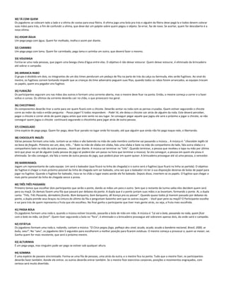 30) TÁ COM QUEM
Os jogadores se colocam lado a lado e a vítima de costas para essa fileira. A vítima joga uma bola pra trás e alguém da fileira deve pegá-la e todos devem colocar
suas mãos para trás, a fim de confundir a vítima, que deve dar um palpite sobre quem pegou o objeto. Se errar, faz de novo. Se acertar, quem for descoberto é a
nova vítima.
31) JOGAR ÁGUA
Um pega-pega com água. Quem for molhado, molha e assim por diante.
32) CARIMBO
Um pega-pega com lama. Quem for carimbado, pega lama e carimba um outro, que deverá fazer o mesmo.
33) VOLEIXIGA
Forma-se uma roda pessoas, que jogam uma bexiga cheia d'água entre elas. O objetivo é não deixar estourar. Quem deixar estourar, é eliminado da brincadeira
até sobrar o campeão.
34) ARRANCA-RABO
O grupo é dividido em dois, os integrantes de um dos times penduram um pedaço de fita na parte de trás da calça ou bermuda, eles serão fugitivos. Ao sinal do
mestre, os fugitivos correm tentando impedir que as crianças do time adversário peguem suas fitas, quando todos os rabos forem arrancados, as equipes trocam
os papéis, quem era pegador vira fugitivo.
35) FURACÃO
Os participantes seguram uns nas mãos dos outros e formam uma corrente aberta, mas o mestre deve ficar na ponta. Então, o mestre começa a correr e a fazer
voltas e curvas. Os últimos da corrente deverão cair no chão, o que provocará riso geral.
36) CHICOTINHO
Os componentes deverão tirar a sorte para ver quem ficará com o chicote. Deverão sentar na roda com as pernas cruzadas. Quem estiver segurando o chicote
corre ao redor da roda e então pergunta: - Posso jogar? E todos respondem: - Pode! Aí, ele deixa o chicote cair atrás de alguém da roda. Este deverá perceber,
pegar o chicote e correr atrás de quem jogou antes que este sente no seu lugar. Se conseguir pegar aquele que jogou ele será o próximo a jogar o chicote, se não
conseguir quem jogou o chicote continuará segurando o chicotinho para jogar atrás de outra pessoa.
37) CONGELADO
Uma espécie de pega-pega. Quem for pego, deve ficar parado no lugar onde foi tocado, até que alguém que ainda não foi pego toque nele, o libertando.
38) CHOCOLATE INGLÊS
Várias pessoas formam uma roda. Juntam-se as mãos e vão batendo na mão de cada membro conforme vai passando a música... A música é: "chocolate inglês tá
na boca do freguês. Primeira vez um, dois, três..." Bate na mão de sílaba em sílaba, fala uma sílaba e bate na mão do companheiro do lado, fala outra sílaba e o
companheiro bate na mão da outra pessoa... Assim por diante. A música vai terminar no "três". Quando terminar, a pessoa que recebeu o tapa na mão por último
terá que pisar no pé de alguém (cada pessoa do jogo só poderá dar um passo na hora que terminar a música). Se ela conseguir, a pessoa em quem ela pisou é
eliminada. Se não conseguir, ela fala o nome de outra pessoa do jogo, que poderá pisar em quem quiser. A brincadeira prossegue até só uma pessoa, o vencedor.
39) BARREIRABOL
Jogam um representante de cada equipe. Um será o baleador (que ficará na linha de chegada) e o outro será o fugitivo (que ficará na linha se partida). O objetivo
do fugitivo é chegar o mais próximo possível da linha de chegada sem ser baleado, uma vez que o baleador irá ter à sua disposição dezenas de bolas de papel para
jogar no fugitivo. Quando o fugitivo for baleado, risca-se no chão o lugar exato aonde ele foi baleado. Depois disso, invertem-se os papéis. O fugitivo que chegar o
mais perto possível da linha de chegada vence a prova.
40) TRÊS TRÊS PASSARÁS
Primeiro temos que escolher dois participantes que serão a ponte, dando as mãos um para o outro. Sem que o restante da turma saiba eles decidem quem será
pera ou maçã. Os demais fazem uma fila que passará por debaixo da ponte. A dupla que é a ponte juntam suas mãos e as levantam, formando a ponte. Aí, a dupla
canta: "Três, Três Passarás, derradeiro ficarás. Bom barqueiro, bom barqueiro, dê licença pra eu passar". Quando quase todos já tiverem passado por debaixo da
ponte, a dupla prende seus braços na cintura do último da fila e perguntam baixinho sem que os outros ouçam: - Você quer pera ou maçã? O Participante escolhe
e vai para trás de quem representa a fruta que ele escolheu. No final ganha o participante que tiver mais gente atrás, ou seja, a fruta mais escolhida.
41) PASSA BOLA
Os jogadores formam uma roda e, quando a música estiver tocando, passarão a bola de mão em mão. A música é "Lá vai a bola, passando na roda, quem ficar
com a bola na mão, cai fora!". Quem tiver segurando a bola no "fora", é eliminado e a brincadeira prossegue até sobrarem apenas dois, da onde sairá o campeão.
42) ESTÁTUA
Os jogadores formam uma roda e, rodando, cantam a música: "O Circo pegou fogo, palhaço deu sinal, acuda, acuda, acuda a bandeira nacional, Brasil, 2000, se
buliu, saiu!". No "saiu", os jogadores têm 5 segundos para escolherem a melhor posição para ficarem estátuas. O mestre começa a provocar e, quem se mexer, sai.
Ganha quem for mais resistente, que será o próximo mestre.
43) ALTURINHA
É um pega-pega, mas ninguém pode ser pego se estiver sob qualquer altura.
44) SOMBRA
É uma espécie de passeio sincronizado. Forma-se uma fila de pessoas, uma atrás da outra, e o mestre fica na ponta. Tudo que o mestre fizer, os participantes
deverão fazer também. Aonde ele entrar, os outros deverão entrar também. Se o mestre fizer exercícios corporais, posições e movimentos engraçados, com
certeza será muito divertido.
 