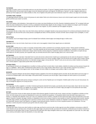 74) PACMAN
Pega-pega na quadra, porém só é permitido andar por cima das linhas da quadra. O "pacman" (pegador) também deverá andar apenas pelas linhas. Quem for
pego, deverá sentar no local exato onde foi pego e servirá de obstáculo para quem está fugindo, mas NÃO para o "pacman", ou seja, o pegador pode pular as
pessoas que foram pegas por ele e estão sentadas no chão, mas os fugitivos não podem pular esses obstáculos. Quem for o último a ser pego será o vencedor.
75) PEDRA, PAPEL, TESOURA
Um pega-pega bastante divertido. Correm três pessoas em cada rodada. Pedra corre atrás da tesoura, tesoura corre atrás do papel e papel corre atrás da pedra,
ganha o primeiro que cumprir sua tarefa.
76) LATERAL
Jogam duas equipes e dois baleadores. Cada equipe tem seu campo, que estará dividido por uma linha. Quando os baleadores gritarem “Já”, as equipes terão que
trocar de campo imediatamente. Durante a correria, os baleadores tentarão balear alguém. Se não conseguir, faz outra rodada. Se conseguir, quem for baleado
fica do lado de quem o baleou. O jogo prossegue até não sobrar mais ninguém. Aí, vence o baleador que tiver pegado mais gente.
77) PROTEGIDO
Duas pessoas irão dar as mãos e fazer uma roda. Dentro dessa roda ficará o protegido. Quando as duas pessoas disserem JÁ, os demais participantes deverão tocar
no protegido, mas não será fácil, pois as duas pessoas o protegerão de todas as formas possíveis, inclusive correndo. Quem conseguir tocar o protegido, é o novo
protegido.
78) FUT'ÁGUA
É um baleado, mas é com bexigas de água, quem for baleado ficará molhado e deverá pegar outra bexiga de água e molhar outro.
79) PONTA-PÉ
Pega-pega comum, mas com chutes. Quem levar um chute, será o novo pegador e deverá chutar alguém para ser substituído.
81) SEU LOBO
Um jogador é escolhido para ser o lobo e se esconde. Os demais dão as mãos e caminham em sua direção, enquanto cantam: "Vamos passear na floresta,
enquanto o seu lobo não vem, tá pronto, seu lobo?" O seu lobo responde que ele está ocupado, tomando banho, enxugando-se, vestindo-se, como quiser inventar.
Então os demais participantes se distanciam e depois voltam fazendo a mesma pergunta e recebendo respostas semelhantes. A brincadeira se repete até que,
numa dada vez, seu lobo, já pronto, sem responder nada, sai correndo atrás dos outros. Quem for pego, passa a ser o novo seu lobo.
82) TRAVESSIA
Escolhe-se quem vai ser o barrador. O barrador ficará no centro do terreno e deverá tentar impedir que os participantes (um de cada vez) ultrapassem e cheguem
até o fim. O barrador poderá correr atrás do intruso, o importante é tocá-lo. Se o intruso conseguir chegar no fim do terreno sem ser pego, volta a compor o grupo
de pessoas que está esperando para brincar. Se o barrador conseguir pegar o intruso (ele dirá: "barrei!"), este une-se a ele com as mãos e também vira barrador,
com o mesmo objetivo. O jogo acaba quando todos viram barradores.
83) PIQUE-TROCA
Os participantes formam uma roda gigantesca e escolhem um bobo, que ficará no centro dela. A cada rodada, o bobinho irá ordenar que duas pessoas troquem de
lugar. Ex.: BOBINHO: - Maria e Beto. Imediatamente, Maria deverá ir para o lugar de Beto e Beto deverá ir para o lugar de Maria. Enquanto isso acontece, o
bobinho tenta entrar em um dos lugares vazios. Se não conseguir, faz outra rodada. Se conseguir, quem perdeu o lugar é o novo bobo.
84) BALEIO
Forma-se um grande retângulo. Na linha desse retângulo ficarão os jogadores. No centro do retângulo existirá uma bola. No JÁ, todos devem sair do seu lugar e ir
ao centro do retângulo pegar a bola. Quem pegar a bola poderá balear uma pessoa, que sairá do jogo. O jogo prossegue até sobrar apenas um (o vencedor).
85) AMBULÂNCIA
Dois mestres pegam alguém pelas pernas e braços e começam a correr com ele, fingindo que é um emergente. Também pode-se fazer isso com mais pessoas. Ou
seja, os emergentes seguram um no braço do outro.
86) DUPLINHA
É um pega-pega. Escolha o pegador e o corredor. Os demais participantes deverão formar duplas, que deverão andar de braços dados. Quem não tem sócio deve
correr do pegador, dando braço a um jogador de uma dupla. Nesse caso, o par do outro lado vira corredor e foge, para pegar em outra pessoa de outra dupla,
onde acontecerá o mesmo. Quem for pego é o novo pegador.
87) TACO
Desenhe com giz dois círculos em lados opostos do espaço onde estiverem jogando. Ao lado de cada círculo, coloque uma base. Os jogadores se dividem em dois
times. Um time começa com os tacos (os rebatedores) e o outro com a bolinha (os lançadores). Os lançadores devem tentar derrubar a base oposta com a
bolinha, e o rebatedor deve defender a base com o taco. Se o rebatedor acertar a bolinha, o lançador da base oposta (que jogou a bola acertada) deve correr para
pegá-la. Enquanto o lançador não pegar a bolinha, os rebatedores correm entre as bases e batem os tacos quando se cruzam. Cada batida vale um ponto. Quando
o lançador pega a bolinha, ele pode jogá-la para o parceiro ou tentar acertar um dos rebatedores. Quando um rebatedor é acertado pela bolinha fora do círculo,
ele é queimado. Quando a base é derrubada ou um jogador é queimado pela bolinha, invertem-se os times: lançadores passam a ser rebatedores. Tem que
combinar o número de pontos necessários para ganhar antes de começar o jogo.
88) CABRA CEGA
Um grupo dá as mãos e forma uma roda. Escolhe-se a cabra cega, que ficará no centro da roda. A cabra cega tem seus olhos vendados e uma pessoa a rodará 25
vezes, fazendo com que ela fique zonza. A função da cabra cega é pegar uma pessoa da roda, que estará em movimento. Lembrando que em nenhum momento os
componentes da roda podem soltar as mãos. A pessoa que foi tocada pela cabra cega é obrigada a deixar que a cabra cega apalpe seu corpo todo. Se a cabra cega
errar, continua a brincadeira. Quem for descoberto, é a nova cabra cega.
 