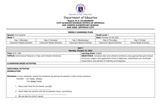 Republic of the Philippines
Department of Education
Region IV-A CALABARZON
CITY SCHOOLS DIVISION OFFICE OF ANTIPOLO
SAN JOSEPH ELEMENTARY SCHOOL
SAN JOSE, ANTIPOLO CITY
WEEKLY LEARNING PLAN
Quarter: First Quarter Grade Level: 5
Week: 9 Date: October 24-28, 2022
Day 1 (Monday) Day 2 (Tuesday) Day 3 (Wednesday) Day 4 (Thursday) Day 5 (Friday)
Classroom-Based Activities Classroom-Based Activities Classroom-Based Activities Classroom-Based Activities Home-Based Activities
DAY 1
Monday, October 24, 2022
Time: 8:10– 9:00 Learning Areas: English
TOPIC/S: Grammatical Features in Clear and Coherent Sentences OBJECTIVE/S: Compose clear and coherent sentences using appropriate grammatical
structures: subject-verb agreement, kinds of adjectives, subordinate and coordinate
conjunctions, and adverbs of intensity and frequency
CLASSROOM-BASED ACTIVITIES:
ADDITIONAL ACTIVITIES
ASSIMILATION
Directions: In your notebook, rewrite the sentences by placing the adverbs in their correct positions.
Example: I am happy. (always)
I am always happy.
1. Mary cooks food for the family. (usually)
_________________________________________ .
2. Joana helps her parents with the household chores. (sometimes)
_____________________________________________________________ .
3. We are late for school. (never)
 