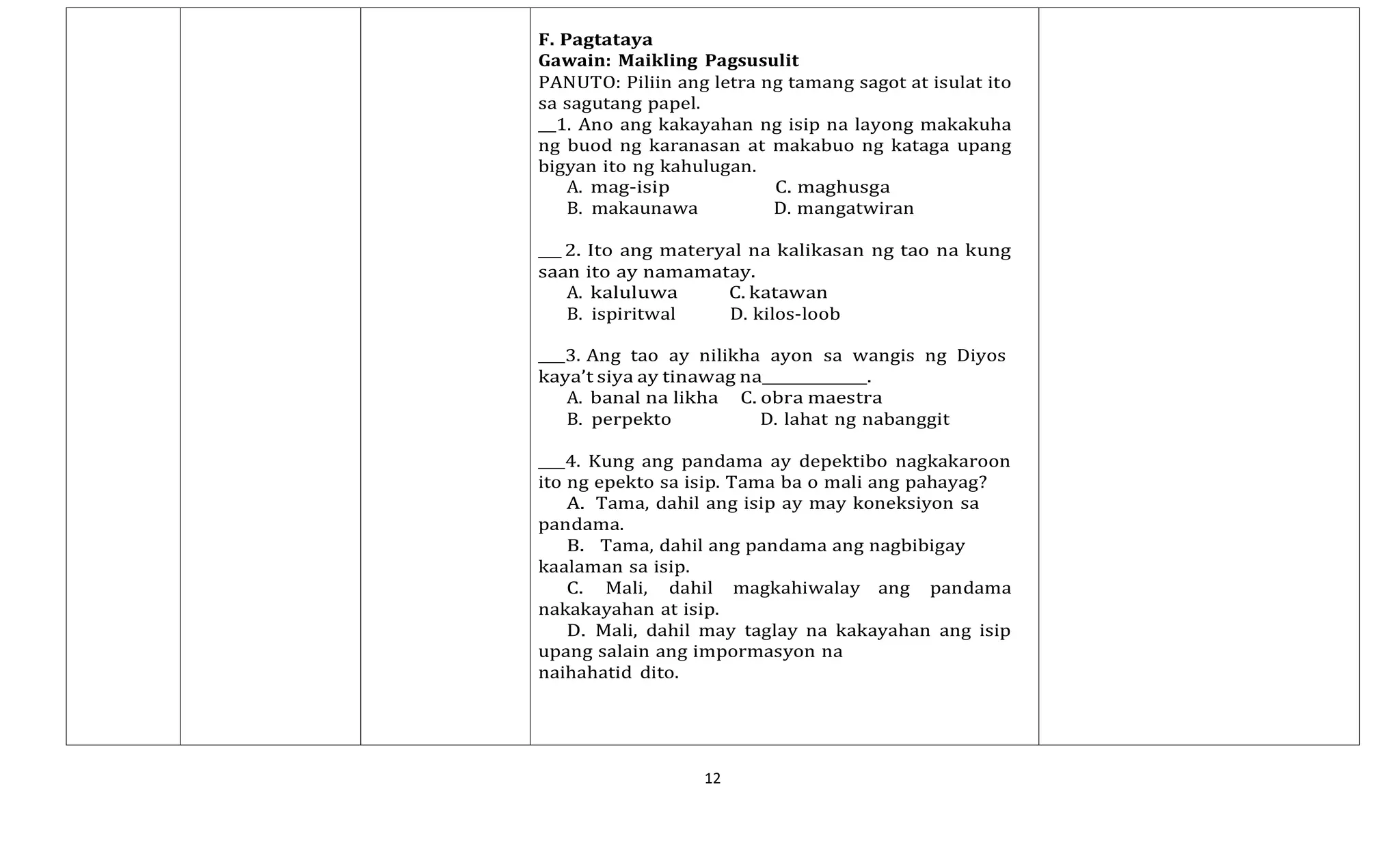 12
F. Pagtataya
Gawain: Maikling Pagsusulit
PANUTO: Piliin ang letra ng tamang sagot at isulat ito
sa sagutang papel.
1. Ano ang kakayahan ng isip na layong makakuha
ng buod ng karanasan at makabuo ng kataga upang
bigyan ito ng kahulugan.
A. mag-isip C. maghusga
B. makaunawa D. mangatwiran
2. Ito ang materyal na kalikasan ng tao na kung
saan ito ay namamatay.
A. kaluluwa C. katawan
B. ispiritwal D. kilos-loob
3. Ang tao ay nilikha ayon sa wangis ng Diyos
kaya’t siya ay tinawag na .
A. banal na likha C. obra maestra
B. perpekto D. lahat ng nabanggit
4. Kung ang pandama ay depektibo nagkakaroon
ito ng epekto sa isip. Tama ba o mali ang pahayag?
A. Tama, dahil ang isip ay may koneksiyon sa
pandama.
B. Tama, dahil ang pandama ang nagbibigay
kaalaman sa isip.
C. Mali, dahil magkahiwalay ang pandama
nakakayahan at isip.
D. Mali, dahil may taglay na kakayahan ang isip
upang salain ang impormasyon na
naihahatid dito.
 