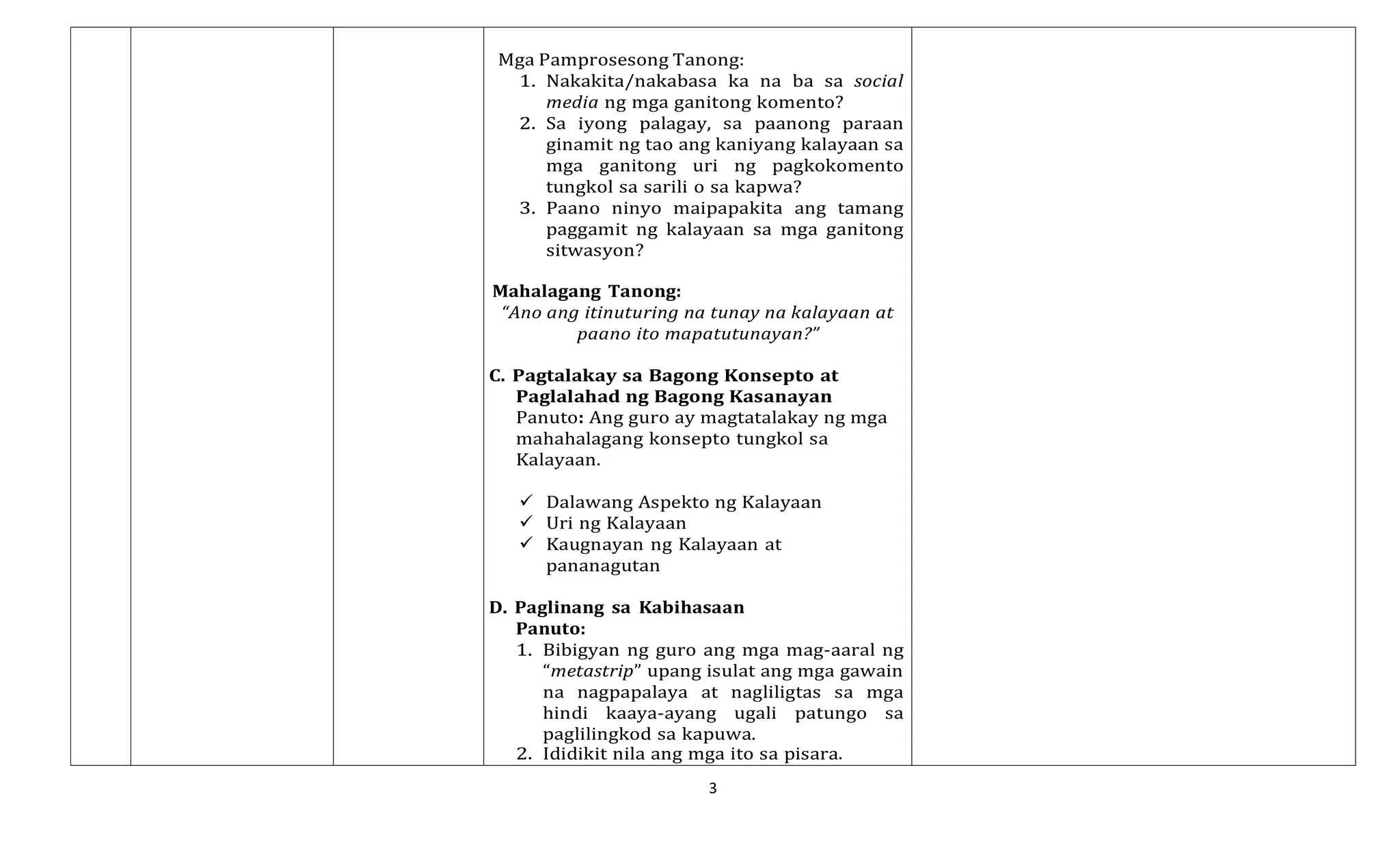 3
Mga Pamprosesong Tanong:
1. Nakakita/nakabasa ka na ba sa social
media ng mga ganitong komento?
2. Sa iyong palagay, sa paanong paraan
ginamit ng tao ang kaniyang kalayaan sa
mga ganitong uri ng pagkokomento
tungkol sa sarili o sa kapwa?
3. Paano ninyo maipapakita ang tamang
paggamit ng kalayaan sa mga ganitong
sitwasyon?
Mahalagang Tanong:
“Ano ang itinuturing na tunay na kalayaan at
paano ito mapatutunayan?”
C. Pagtalakay sa Bagong Konsepto at
Paglalahad ng Bagong Kasanayan
Panuto: Ang guro ay magtatalakay ng mga
mahahalagang konsepto tungkol sa
Kalayaan.
✓ Dalawang Aspekto ng Kalayaan
✓ Uri ng Kalayaan
✓ Kaugnayan ng Kalayaan at
pananagutan
D. Paglinang sa Kabihasaan
Panuto:
1. Bibigyan ng guro ang mga mag-aaral ng
“metastrip” upang isulat ang mga gawain
na nagpapalaya at nagliligtas sa mga
hindi kaaya-ayang ugali patungo sa
paglilingkod sa kapuwa.
2. Ididikit nila ang mga ito sa pisara.
 