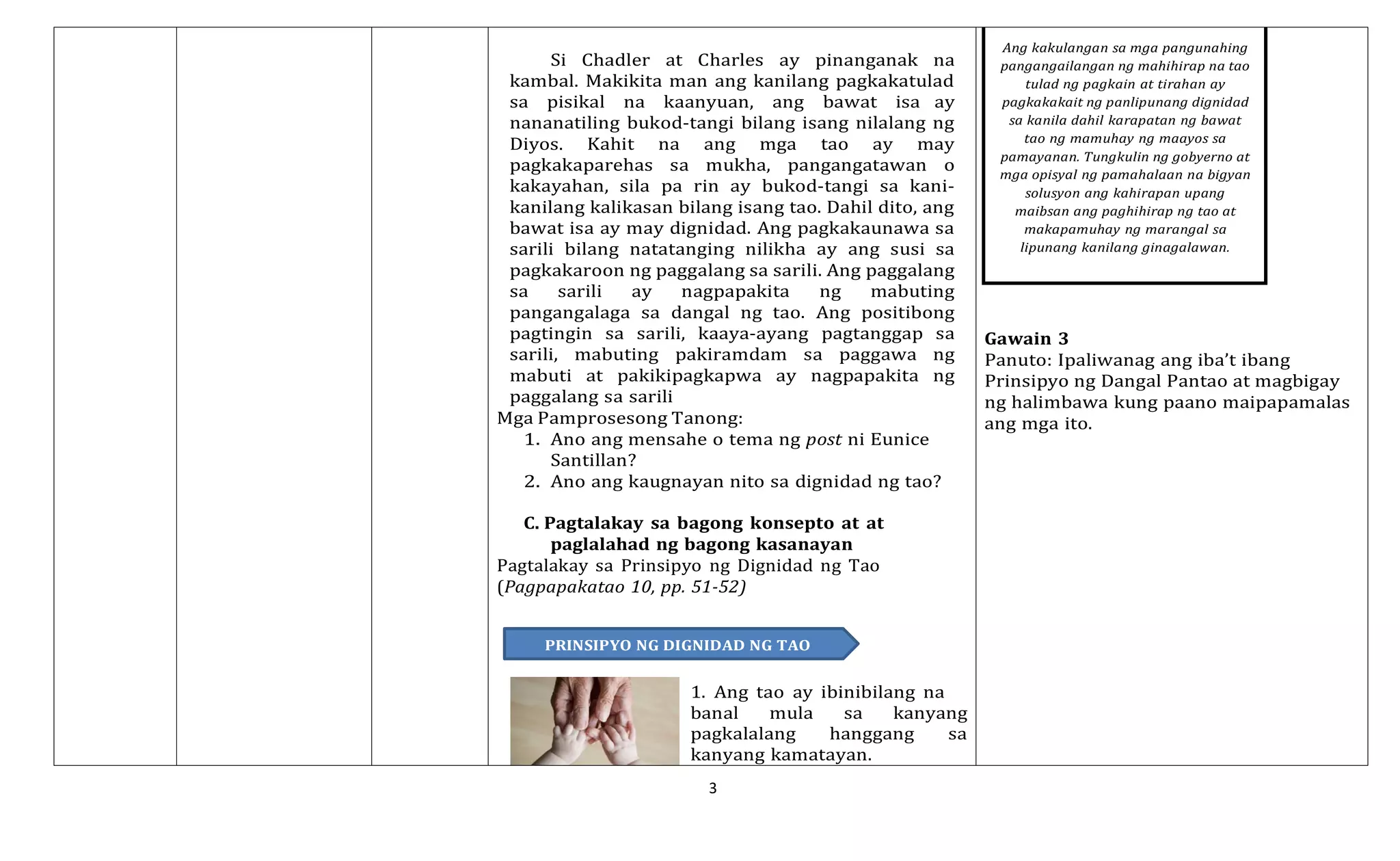 3
Si Chadler at Charles ay pinanganak na
kambal. Makikita man ang kanilang pagkakatulad
sa pisikal na kaanyuan, ang bawat isa ay
nananatiling bukod-tangi bilang isang nilalang ng
Diyos. Kahit na ang mga tao ay may
pagkakaparehas sa mukha, pangangatawan o
kakayahan, sila pa rin ay bukod-tangi sa kani-
kanilang kalikasan bilang isang tao. Dahil dito, ang
bawat isa ay may dignidad. Ang pagkakaunawa sa
sarili bilang natatanging nilikha ay ang susi sa
pagkakaroon ng paggalang sa sarili. Ang paggalang
sa sarili ay nagpapakita ng mabuting
pangangalaga sa dangal ng tao. Ang positibong
pagtingin sa sarili, kaaya-ayang pagtanggap sa
sarili, mabuting pakiramdam sa paggawa ng
mabuti at pakikipagkapwa ay nagpapakita ng
paggalang sa sarili
Mga Pamprosesong Tanong:
1. Ano ang mensahe o tema ng post ni Eunice
Santillan?
2. Ano ang kaugnayan nito sa dignidad ng tao?
Ang kakulangan sa mga pangunahing
pangangailangan ng mahihirap na tao
tulad ng pagkain at tirahan ay
pagkakakait ng panlipunang dignidad
sa kanila dahil karapatan ng bawat
tao ng mamuhay ng maayos sa
pamayanan. Tungkulin ng gobyerno at
mga opisyal ng pamahalaan na bigyan
solusyon ang kahirapan upang
maibsan ang paghihirap ng tao at
makapamuhay ng marangal sa
lipunang kanilang ginagalawan.
Gawain 3
Panuto: Ipaliwanag ang iba’t ibang
Prinsipyo ng Dangal Pantao at magbigay
ng halimbawa kung paano maipapamalas
ang mga ito.
C. Pagtalakay sa bagong konsepto at at
paglalahad ng bagong kasanayan
Pagtalakay sa Prinsipyo ng Dignidad ng Tao
(Pagpapakatao 10, pp. 51-52)
PRINSIPYO NG DIGNIDAD NG TAO
1. Ang tao ay ibinibilang na
banal mula sa kanyang
pagkalalang hanggang sa
kanyang kamatayan.
 
