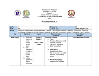 Republic of the Philippines
Department of Education
Region I
Schools Division of Ilocos Norte
CATAGTAGUEN NATIONAL HIGH SCHOOL
Banna
WEEKLY LEARNING PLAN
Quarter I Grade Level 8
Week 1-2 Learning Area ENGLISH (Module 1)
MELCS Identify and use signals that indicate coherence (e.g. additive - also, moreover; causative - as a result, consequently; conditional/
concessional - otherwise, in that case, however; sequential - to begin with, in conclusion; clarifying - for instance, in fact, in addition)
Day Objectives Topic/s Classroom-Based
Activities
Home-Based
Activities
Week 1-Day 1 A. identify the
meaning of
words
through
context
clues;
B. give
examples of
the different
types of
context
clues;
C. express
appreciation
to local
culture; and
Quarter 1
Module 1
Noting Context
Clues
Routinary Activities
a. Prayer
b. Reminder of classroom health
and safety protocols
c. Checking of Attendance
d. Quick “kumustahan”
A. Recall (Elicit)
Answer Context Clues.
This will serve as a pre-test to
determine your knowledge
about it.
B. Motivation (Engage)
Answer Activity: Review It
Answer Additional Activities
 