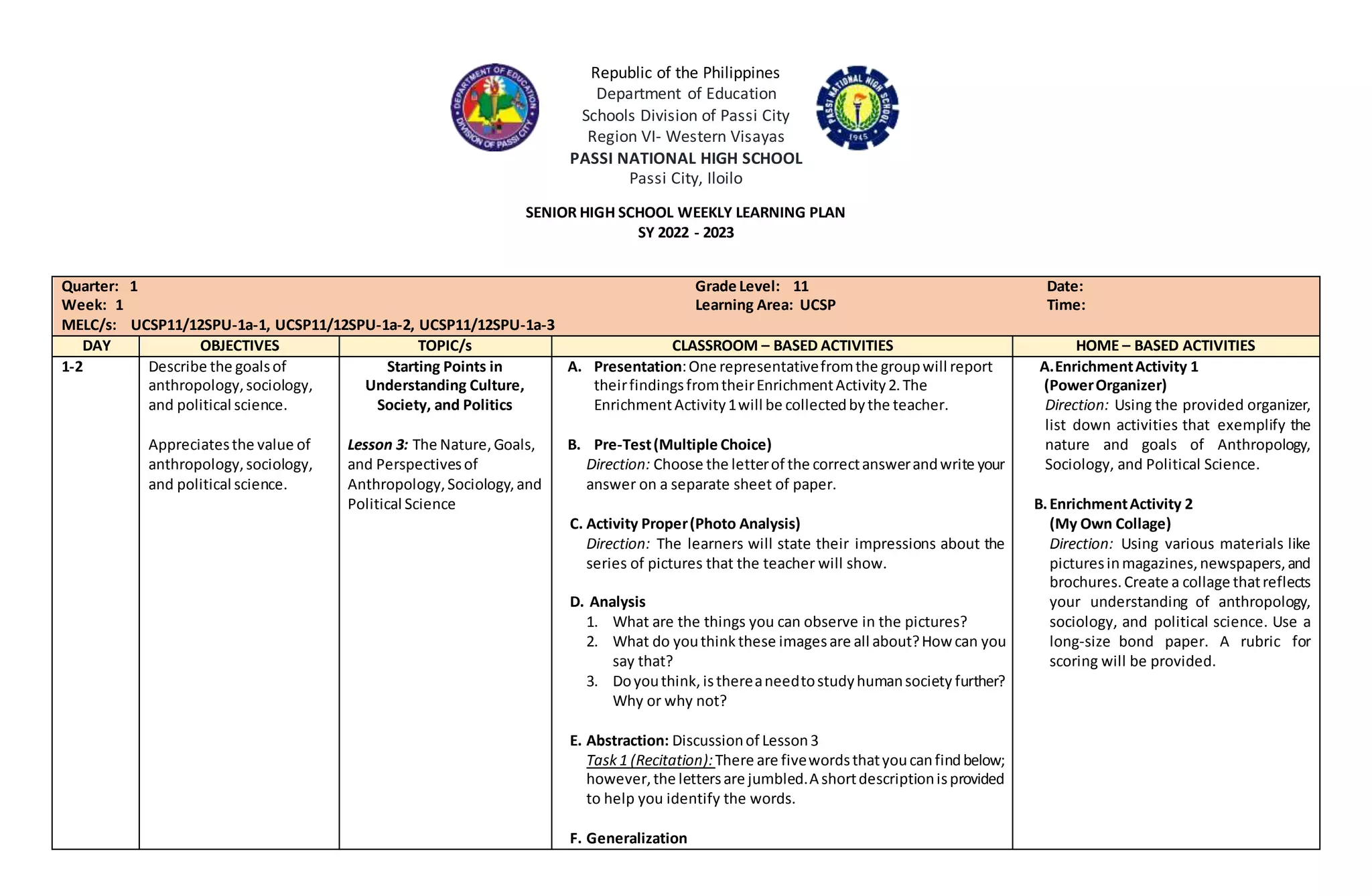 UCSP Quarter 2 English Language Arts Activities