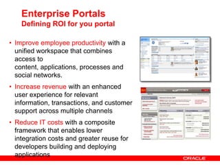 Enterprise PortalsDefining ROI for you portalImprove employee productivity with a unified workspace that combines access to content, applications, processes and social networks.Increase revenue with an enhanced user experience for relevant information, transactions, and customer support across multiple channelsReduce IT costs with a composite framework that enables lower integration costs and greater reuse for developers building and deploying applications