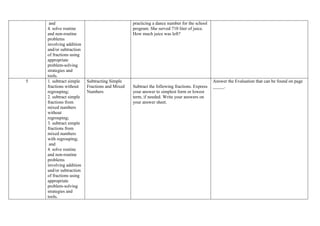 and
4. solve routine
and non-routine
problems
involving addition
and/or subtraction
of fractions using
appropriate
problem-solving
strategies and
tools.
practicing a dance number for the school
program. She served 710 liter of juice.
How much juice was left?
5 1. subtract simple
fractions without
regrouping;
2. subtract simple
fractions from
mixed numbers
without
regrouping;
3. subtract simple
fractions from
mixed numbers
with regrouping;
and
4. solve routine
and non-routine
problems
involving addition
and/or subtraction
of fractions using
appropriate
problem-solving
strategies and
tools.
Subtracting Simple
Fractions and Mixed
Numbers
Subtract the following fractions. Express
your answer to simplest form or lowest
term, if needed. Write your answers on
your answer sheet.
Answer the Evaluation that can be found on page
_____.
 