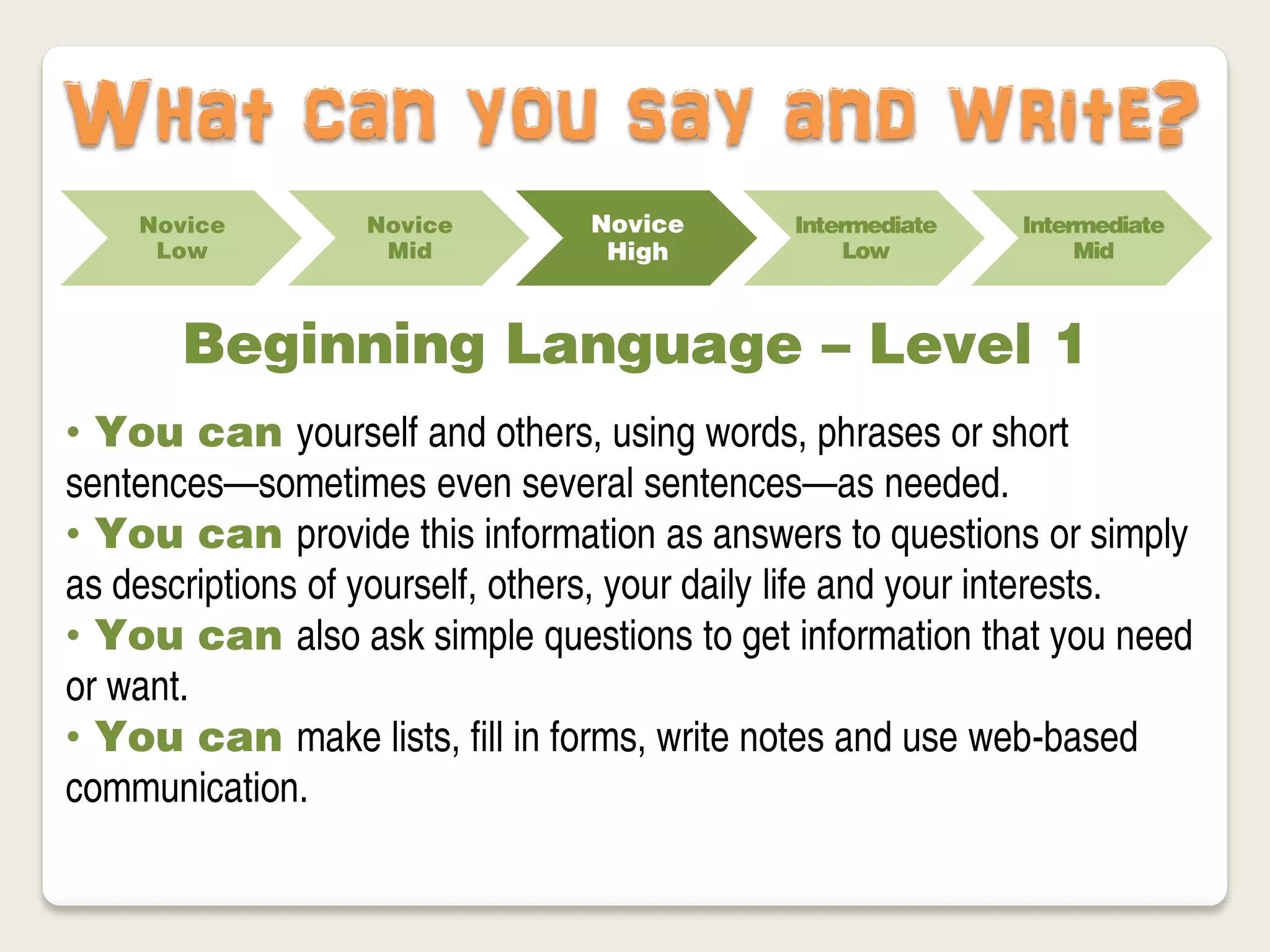 What can you say and write?
    Novice         Novice        Novice       Intermediate   Intermediate
     Low            Mid           High             Low            Mid



       Beginning Language – Level 1
• You can yourself and others, using words, phrases or short
sentences—sometimes even several sentences—as needed.
• You can provide this information as answers to questions or simply
as descriptions of yourself, others, your daily life and your interests.
• You can also ask simple questions to get information that you need
or want.
• You can make lists, fill in forms, write notes and use web-based
communication.
 