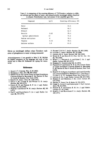 312                                                   G. van Ginkel

                  TABLe 2. A comparison of the counting efficiency of 32P-(2erenkov radiation in differ-
                  ent solvents and the effects of water- and ethanol-soluble wavelength shifters dissolved
                           in ethanol. Polyethylene vials, vial content 15 ml; amplifier gain 30%

                              Compound                         (g/l)                 Counting efficiency (%)


                    Water                                                                       55.5
                   Methanol                                                                     60.7
                    Ethanol                                                                     64.5
                    Esculin                                    0.02                             59.3
                     -methyl umbelliferon                      12                               74.6
                    Sodium salicylate                          8                                70.5
                    Thymine                                    0.15                             59.3
                    Quinine sulfate                            2.9                              61.0




liferon as wavelength shifters when (~erenkov radi-                 9.    PALMERF. B. ST C. Analyt. Biochem. 31, 493 (1969).
ation of p h o s p h o r u s in water is being measured.           10.    CLAUSENT. Analyt. Biochem. 22, 70 (1968).
                                                                   11.    JOHNSON M. K. Analyt Biochem. 29° 348 (1969).
                                                                   12.    WHrrlE R. P. and ELLIS B. G. Proc. Soil Sci. Soc. Am.
Acknowledgements--I am grateful to Miss S. M. McNab                       32, 740 (1968).
for helpful comments on the language and style of t h i s           13.   WIEnE L. J., NOUJAIM A. A. and EDiSS C. Int. J. appl.
article and to Miss M. Hollander for typing the manu-                     Radiat. Isotopes 22, 463 (1971).
script.                                                             14.   HABF.RERK. Atomwirtschaft 10, 36 (1965).
                                                                    15.   PARKER R. P. and ELRICK R. H. In The Current Status
                                                                          of Liquid Scintillation Counting (Edited by BRANSOME
                       References                                         E. JR), Section II, Part 9. Grun¢ & Stratton, New York
                                                                          (1970).
 1. JELI.SVJ. V. Contemp. Phys. 3, 45 (1962).
                                                                    16.   Ross H. H. In Organic Scintillators and Liquid Scintilla-
 2. M~SHALL J. Phys. Rev. 86, 685 (1952).                                 tion Counting (Edited by HORROCKS D. L. and PENG C.
 3. Ross H. H. In The Current Status of Liquid Scintillation
                                                                          T.), Part C, p. 757. Academic Press, New York (1971).
    Counting (Edited by BRANSOMEE. JR), Section II, Part            17.   LAOCHLIA. Int. J. appl. Radiat. Isotopes 20, 265 (1969).
    10. Grune & Stratton, New York (1970).                          18.   HEIBERGE. and MARSHALLJ. Rev. scient, lnstrum. 27,
 4. Ross H. H. Analyt. Chem. 41, 1260 (1961).
                                                                          618 (1956).
 5. GOULD J. M., CATH~ R. and WlNC;ET G. D. Analyt.
                                                                   19.    PORTER N. Nuovo Cim. 5, Series 10, 526 0957).
    Biochem. 50, 540 (1972).                                       20.    COSMEG., JULIAN S. and LEFRAN~?OISJ. Nucl. lnstrum.
 6. ELalCK R. H. and PARKER R. P. Int. J. appl. Radiat.
                                                                          Meth. 70, 20 (1969).
    Isotopes 19, 263 (1968).                                       21.    PARKER R. P. and ELRICr R. H. Int. J. appl. Radiat.
 7. PL~UMS J. and BUNCH W. H. Analyt. Biochem. 42, 360
                                                                          Isotopes 17, 361 (1966).
    (1971).                                                        22.    KAMP A. J. and BLANCHARDF. A. Analyt. Biochem. 44,
 8. FRI(: F. and PALOV(:IKovk V. Int. J. appl. Radiat. Iso-
                                                                          369 (1971).
    topes 26, 305 0975).
 