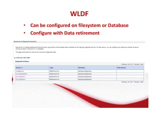 WLDF 
• Can be configured on filesystem or Database 
• Configure with Data retirement 
 