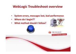 WebLogic Troubleshoot overview 
• System errors, messages lost, bad performance 
• Where do I begin?? 
• What method should I follow? 
 