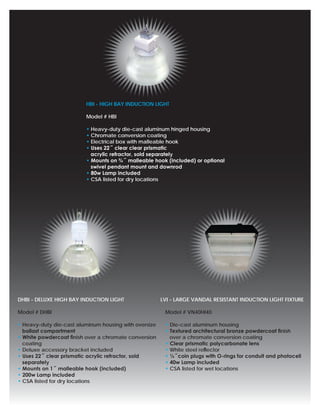 HBI - HIGH BAY INDUCTION LIGHT

                         Model # HBI

                         • Heavy-duty die-cast aluminum hinged housing
                         • Chromate conversion coating
                         • Electrical box with malleable hook
                         • Uses 22˝ clear clear prismatic
                           acrylic refractor, sold separately
                         • Mounts on ¾˝ malleable hook (included) or optional
                           swivel pendant mount and downrod
                         • 80w Lamp included
                         • CSA listed for dry locations




DHBI - DELUXE HIGH BAY INDUCTION LIGHT                 LVI - LARGE VANDAL RESISTANT INDUCTION LIGHT FIXTURE

Model # DHBI                                            Model # VN40HI40

• Heavy-duty die-cast aluminum housing with oversize    • Die-cast aluminum housing
  ballast compartment                                   • Textured architectural bronze powdercoat ﬁnish
• White powdercoat ﬁnish over a chromate conversion       over a chromate conversion coating
  coating                                               • Clear prismatic polycarbonate lens
• Deluxe accessory bracket included                     • White steel reﬂector
• Uses 22˝ clear prismatic acrylic refractor, sold      • ½˝coin plugs with O-rings for conduit and photocell
  separately                                            • 40w Lamp included
• Mounts on 1˝ malleable hook (included)                • CSA listed for wet locations
• 200w Lamp included
• CSA listed for dry locations
 