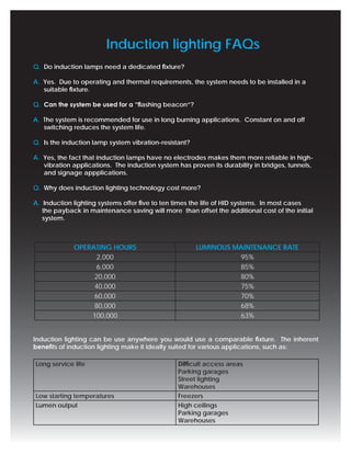 Induction lighting FAQs
Q. Do induction lamps need a dedicated ﬁxture?

A. Yes. Due to operating and thermal requirements, the system needs to be installed in a
   suitable ﬁxture.

Q. Can the system be used for a “ﬂashing beacon”?

A. The system is recommended for use in long burning applications. Constant on and off
   switching reduces the system life.

Q. Is the induction lamp system vibration-resistant?

A. Yes, the fact that induction lamps have no electrodes makes them more reliable in high-
   vibration applications. The induction system has proven its durability in bridges, tunnels,
   and signage appplications.

Q. Why does induction lighting technology cost more?

A. Induction lighting systems offer ﬁve to ten times the life of HID systems. In most cases
   the payback in maintenance saving will more than offset the additional cost of the initial
   system.



             OPERATING HOURS                           LUMINOUS MAINTENANCE RATE
                   2,000                                         95%
                   6,000                                         85%
                  20,000                                         80%
                  40,000                                         75%
                  60,000                                         70%
                  80,000                                         68%
                 100,000                                         63%


Induction lighting can be use anywhere you would use a comparable ﬁxture. The inherent
beneﬁts of induction lighting make it ideally suited for various applications, such as:

Long service life                               Difﬁcult access areas
                                                Parking garages
                                                Street lighting
                                                Warehouses
Low starting temperatures                       Freezers
Lumen output                                    High ceilings
                                                Parking garages
                                                Warehouses
 