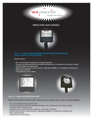 INDUCTION LIGHT MODELS




        AFI12 - 12˝ AREA/FLOOD INDUCTION LIGHT WITH WIDE ANGLE REFLECTOR
        (shown mounted on optional slipﬁtter)

        Model # AFI12

        • Die-cast aluminum housing and hinged top frame
        • Textured architectural bronze powdercoat ﬁnish over a chromate conversion coating
        • Tempered ﬂat clear glass lens
        • Mount with two-piece swivel bracket, adjustable slipﬁtter, or extruded mounting arms
        • 40w Lamp included
        • CSA listed for wet locations




AFI16 -16˝ AREA/FLOOD INDUCTION LIGHT

Model # AFI16 (Smooth reﬂector, left), AFI16 (IES Type V reﬂector, right, shown on optional slipﬁtter)

• Die-cast aluminum housing and frame
• Textured architectural bronze powdercoat ﬁnish over a chromate conversion coating
• Tempered ﬂat clear glass lens
• Available with smooth aluminum reﬂector or IES Type V reﬂector
• Mount with two-piece swivel bracket, adjustable slipﬁtter, or extruded mounting arms
• 80w Lamp included
• CSA listed for wet locations
 