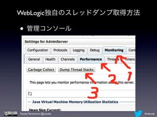 WebLogic独自のスレッドダンプ取得方法

• 管理コンソール




Yusuke Yamamoto @yusuke   #wlstudy
 