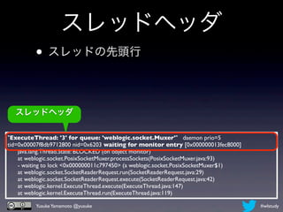 スレッドヘッダ
         • スレッドの先頭行

  スレッドヘッダ

"ExecuteThread: '3' for queue: 'weblogic.socket.Muxer'" daemon prio=5
tid=0x00007f8db9712800 nid=0x6203 waiting for monitor entry [0x000000013fec8000]
      java.lang.Thread.State: BLOCKED (on object monitor)
      at weblogic.socket.PosixSocketMuxer.processSockets(PosixSocketMuxer.java:93)
      - waiting to lock <0x000000011c797450> (a weblogic.socket.PosixSocketMuxer$1)
      at weblogic.socket.SocketReaderRequest.run(SocketReaderRequest.java:29)
      at weblogic.socket.SocketReaderRequest.execute(SocketReaderRequest.java:42)
      at weblogic.kernel.ExecuteThread.execute(ExecuteThread.java:147)
      at weblogic.kernel.ExecuteThread.run(ExecuteThread.java:119)

          Yusuke Yamamoto @yusuke                                                     #wlstudy
 