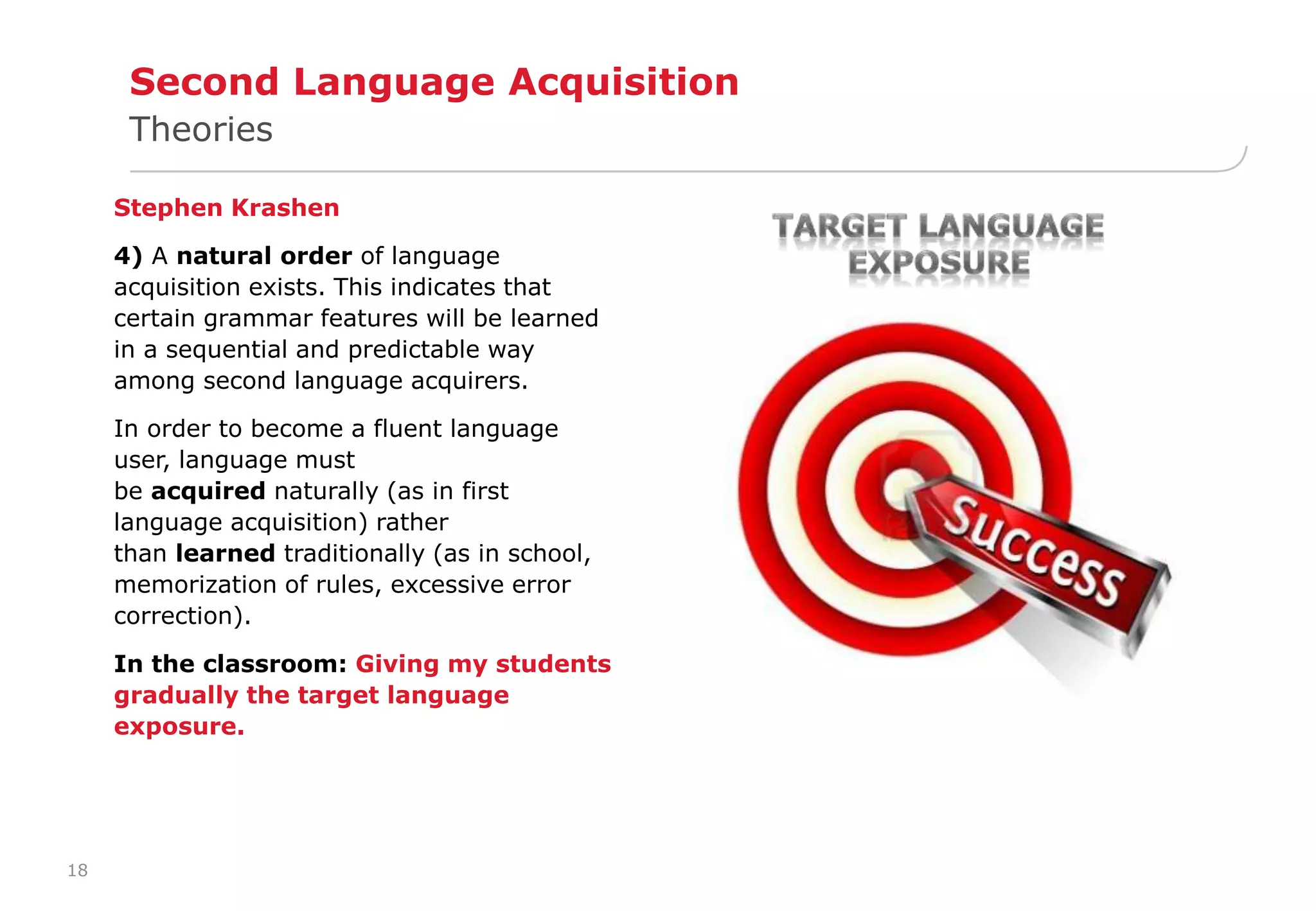 18 
Second Language Acquisition 
Theories 
Stephen Krashen 
4) A natural order of language 
acquisition exists. This indicates that 
certain grammar features will be learned 
in a sequential and predictable way 
among second language acquirers. 
In order to become a fluent language 
user, language must 
be acquired naturally (as in first 
language acquisition) rather 
than learned traditionally (as in school, 
memorization of rules, excessive error 
correction). 
In the classroom: Giving my students 
gradually the target language 
exposure. 
 