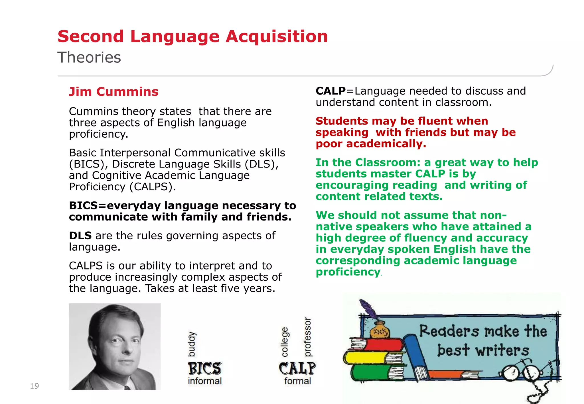 19 
Second Language Acquisition 
Theories 
Jim Cummins 
Cummins theory states that there are 
three aspects of English language 
proficiency. 
Basic Interpersonal Communicative skills 
(BICS), Discrete Language Skills (DLS), 
and Cognitive Academic Language 
Proficiency (CALPS). 
BICS=everyday language necessary to 
communicate with family and friends. 
DLS are the rules governing aspects of 
language. 
CALPS is our ability to interpret and to 
produce increasingly complex aspects of 
the language. Takes at least five years. 
CALP=Language needed to discuss and 
understand content in classroom. 
Students may be fluent when 
speaking with friends but may be 
poor academically. 
In the Classroom: a great way to help 
students master CALP is by 
encouraging reading and writing of 
content related texts. 
We should not assume that non-native 
speakers who have attained a 
high degree of fluency and accuracy 
in everyday spoken English have the 
corresponding academic language 
proficiency. 
 