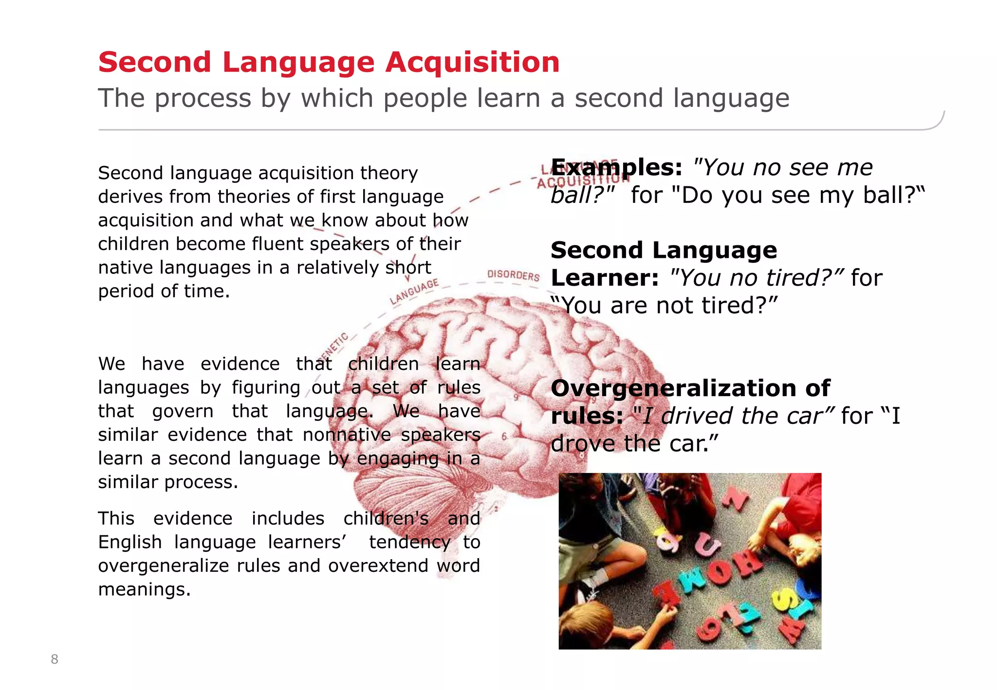8 
Second Language Acquisition 
The process by which people learn a second language 
Second language acquisition theory 
derives from theories of first language 
acquisition and what we know about how 
children become fluent speakers of their 
native languages in a relatively short 
period of time. 
We have evidence that children learn 
languages by figuring out a set of rules 
that govern that language. We have 
similar evidence that nonnative speakers 
learn a second language by engaging in a 
similar process. 
This evidence includes children's and 
English language learners’ tendency to 
overgeneralize rules and overextend word 
meanings. 
Examples: "You no see me 
ball?" for "Do you see my ball?“ 
Second Language 
Learner: "You no tired?” for 
“You are not tired?” 
Overgeneralization of 
rules: "I drived the car” for “I 
drove the car.” 
 