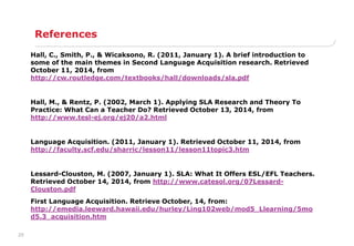 20 
References 
Hall, C., Smith, P., & Wicaksono, R. (2011, January 1). A brief introduction to 
some of the main themes in Second Language Acquisition research. Retrieved 
October 11, 2014, from 
http://cw.routledge.com/textbooks/hall/downloads/sla.pdf 
Hall, M., & Rentz, P. (2002, March 1). Applying SLA Research and Theory To 
Practice: What Can a Teacher Do? Retrieved October 13, 2014, from 
http://www.tesl-ej.org/ej20/a2.html 
Language Acquisition. (2011, January 1). Retrieved October 11, 2014, from 
http://faculty.scf.edu/sharric/lesson11/lesson11topic3.htm 
Lessard-Clouston, M. (2007, January 1). SLA: What It Offers ESL/EFL Teachers. 
Retrieved October 14, 2014, from http://www.catesol.org/07Lessard- 
Clouston.pdf 
First Language Acquisition. Retrieve October, 14, from: 
http://emedia.leeward.hawaii.edu/hurley/Ling102web/mod5_Llearning/5mo 
d5.3_acquisition.htm 
