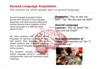 8 
Second Language Acquisition 
The process by which people learn a second language 
Second language acquisition theory 
derives from theories of first language 
acquisition and what we know about how 
children become fluent speakers of their 
native languages in a relatively short 
period of time. 
We have evidence that children learn 
languages by figuring out a set of rules 
that govern that language. We have 
similar evidence that nonnative speakers 
learn a second language by engaging in a 
similar process. 
This evidence includes children's and 
English language learners’ tendency to 
overgeneralize rules and overextend word 
meanings. 
Examples: "You no see me 
ball?" for "Do you see my ball?“ 
Second Language 
Learner: "You no tired?” for 
“You are not tired?” 
Overgeneralization of 
rules: "I drived the car” for “I 
drove the car.” 
 