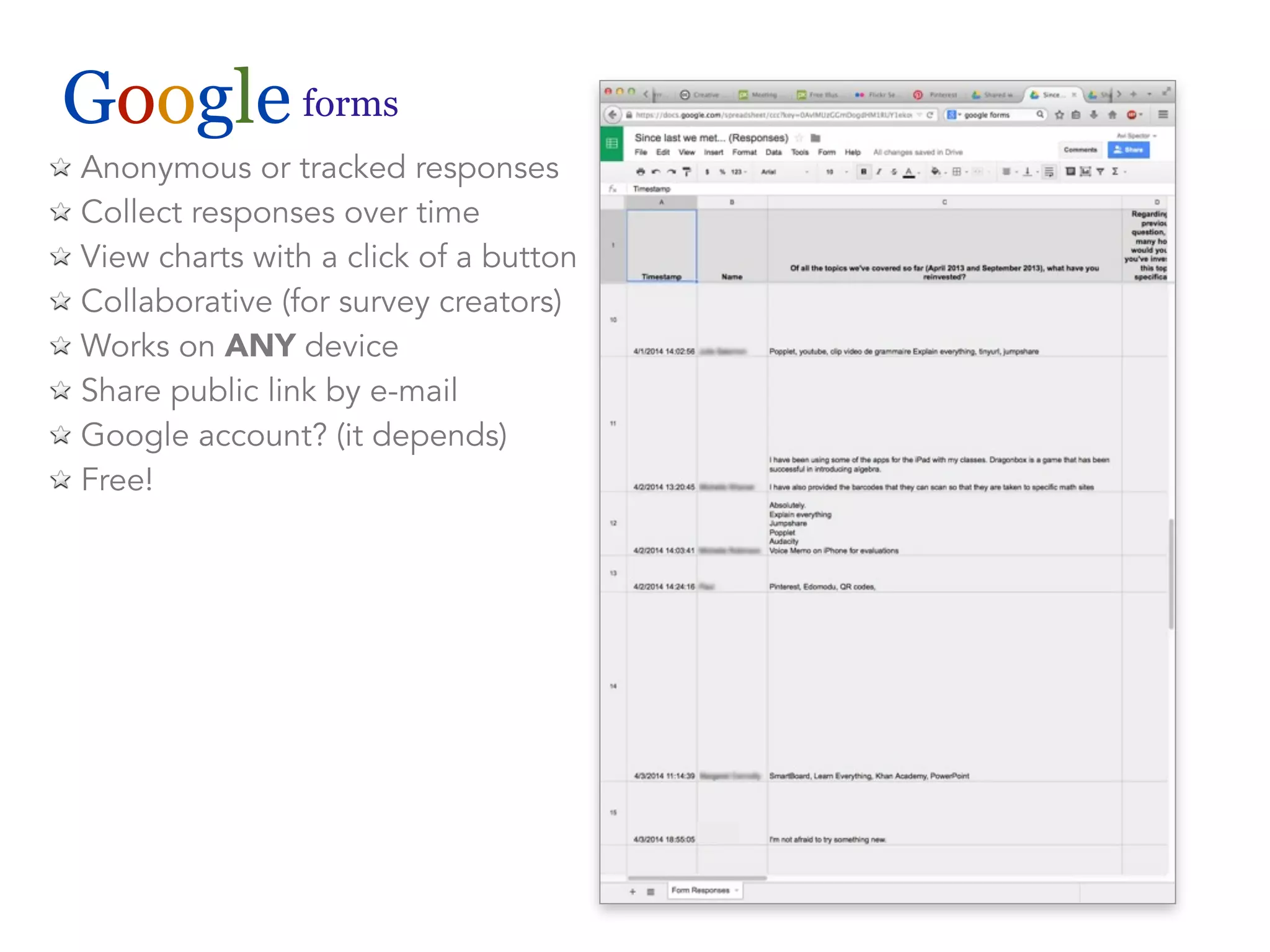 Google forms 
Anonymous or tracked responses 
Collect responses over time 
View charts with a click of a button 
Collaborative (for survey creators) 
Works on ANY device 
Share public link by e-mail 
Google account? (it depends) 
Free! 
 